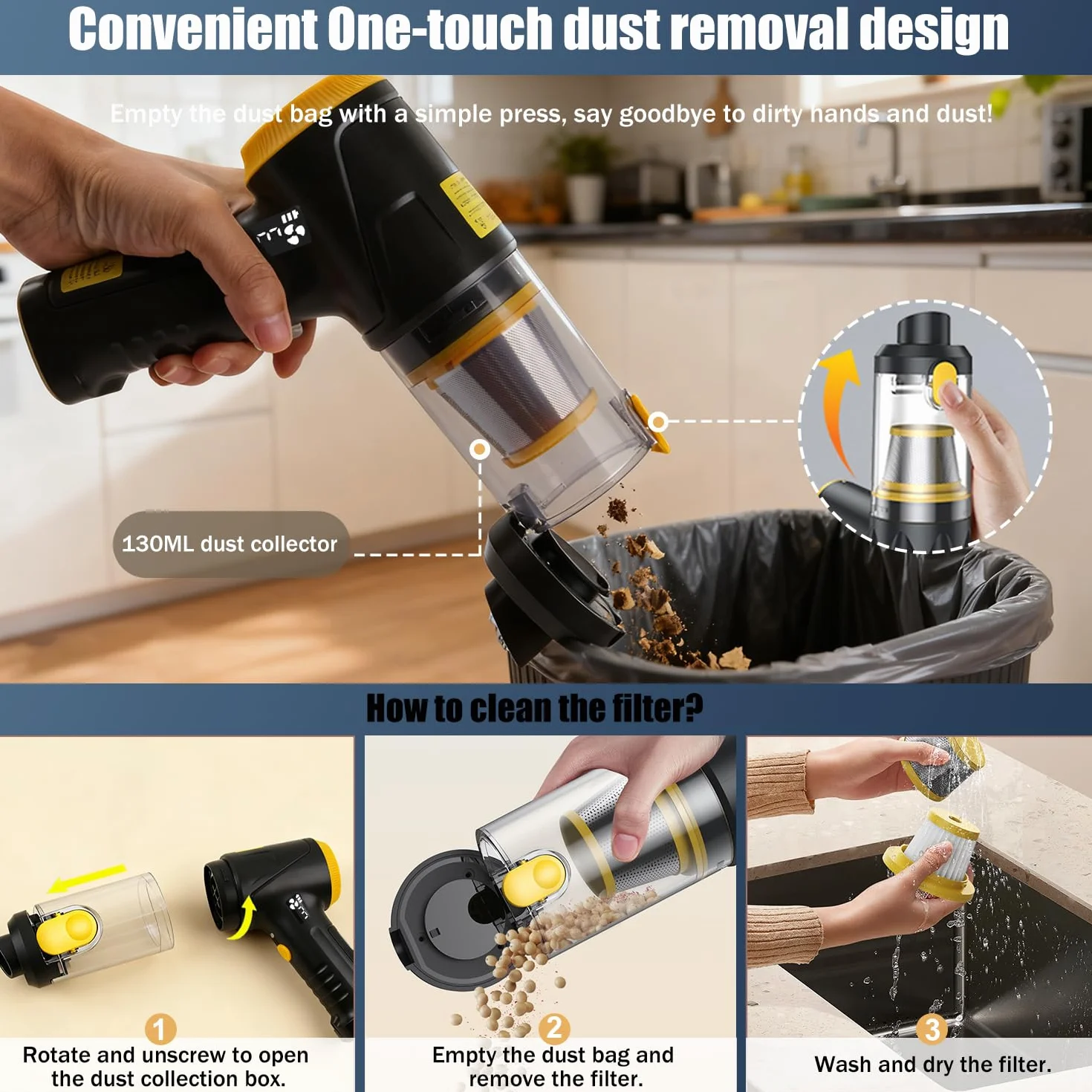 HKC 4 in 1 Soffiatore Aspiratore 110000RPM, Aria Compressa Elettrico 18000Pa, Air Duster Spolverino Motore Brushless, Aspirabriciole Senza Fili per Auto Casa Ufficio Peli Domestici schwarz