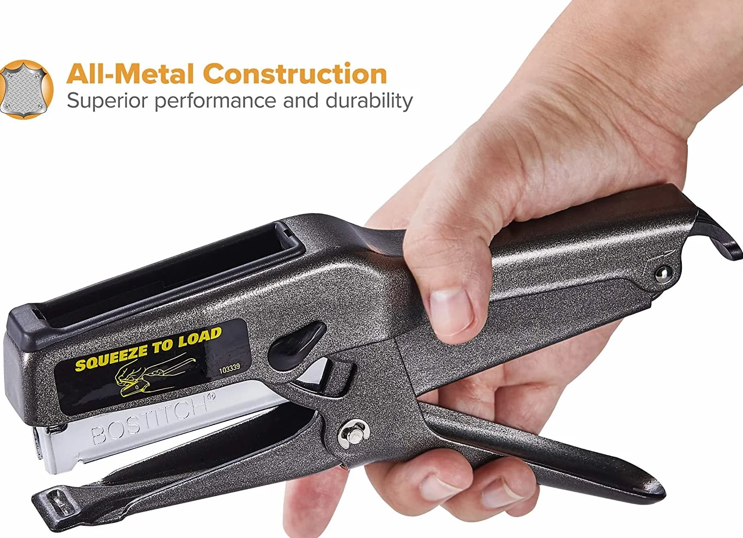 Bostitch Pinzatrice B8 per ufficio, resistente, con 1250 punti da 1/4", 45 fogli senza inceppamento, cucitrice industriale in metallo a striscia intera, capacità 210, per cartone, carta, tessuto