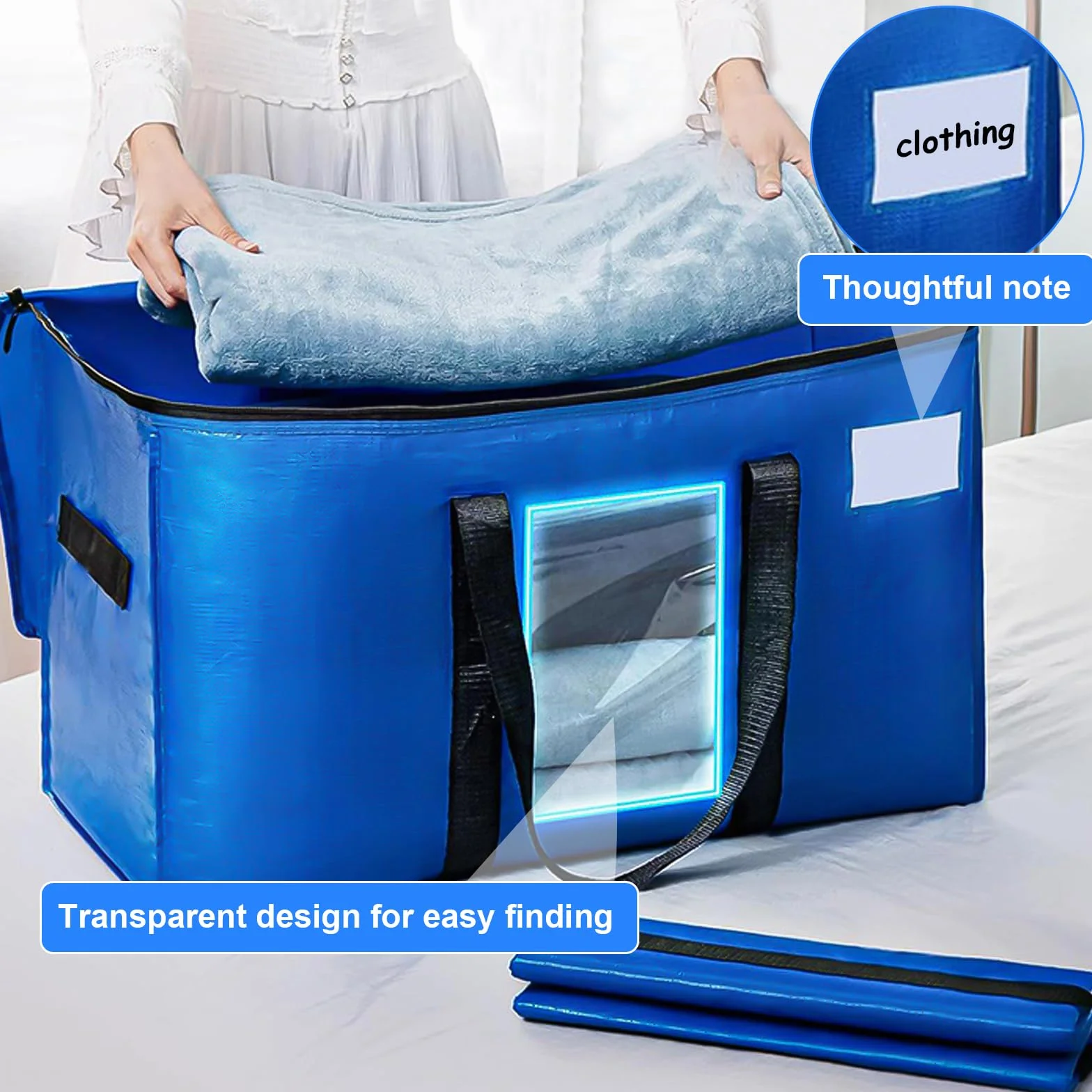 Borse da Trasloco Grandi 100 L con Manici e Cerniere, Borsa Portaoggetti Trasparente per Vestiti Coperte (Nero, Blu)