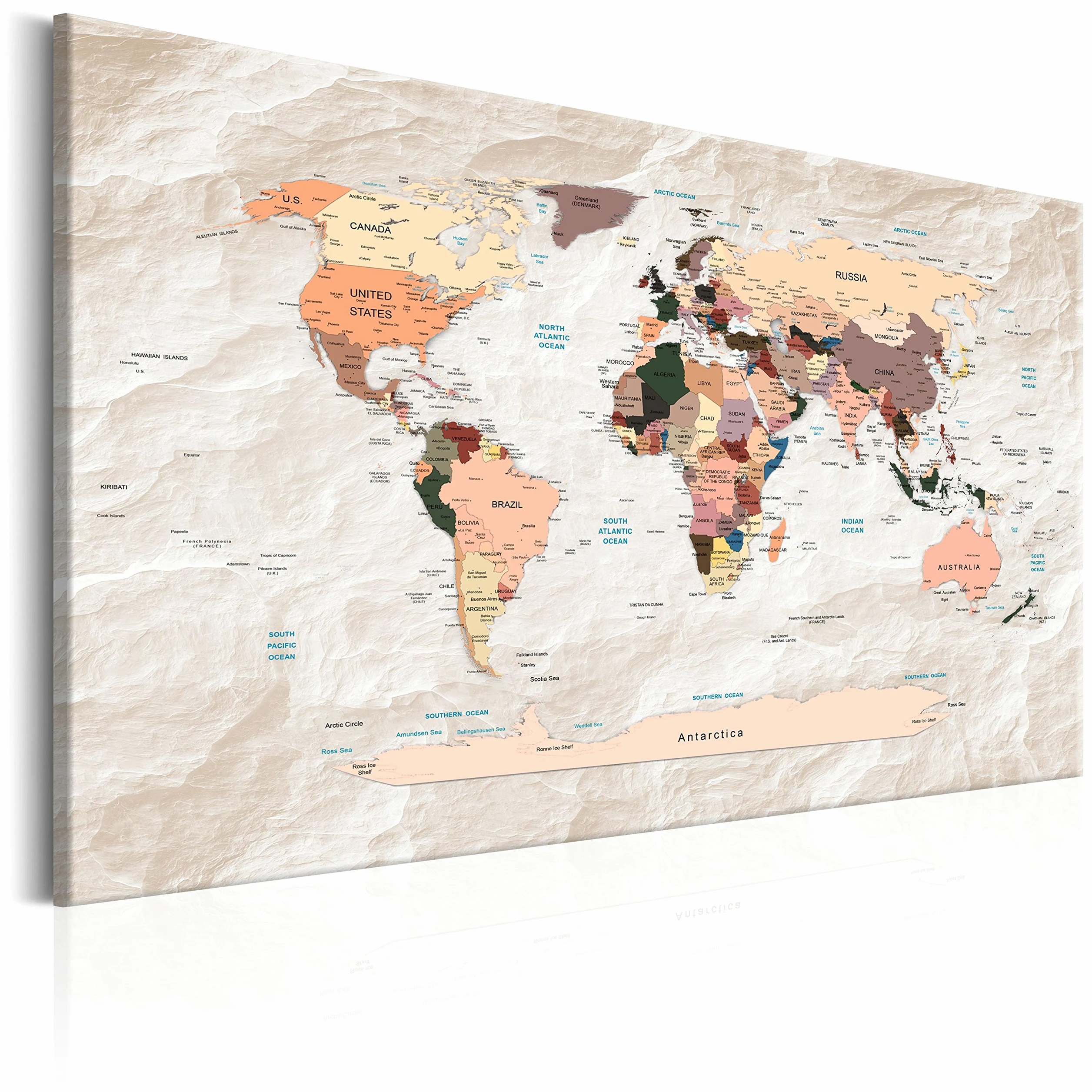 Cuadros B&D XXL - Lavagna Di Sughero per Puntine - Mappa Mondo 120x80 cm 1 Pezzo - Bacheca Sughero da Parete & Quadro su tela in un Uno - Grande Decorativo per Parete per le Note - Terra k-C-0053-p-b