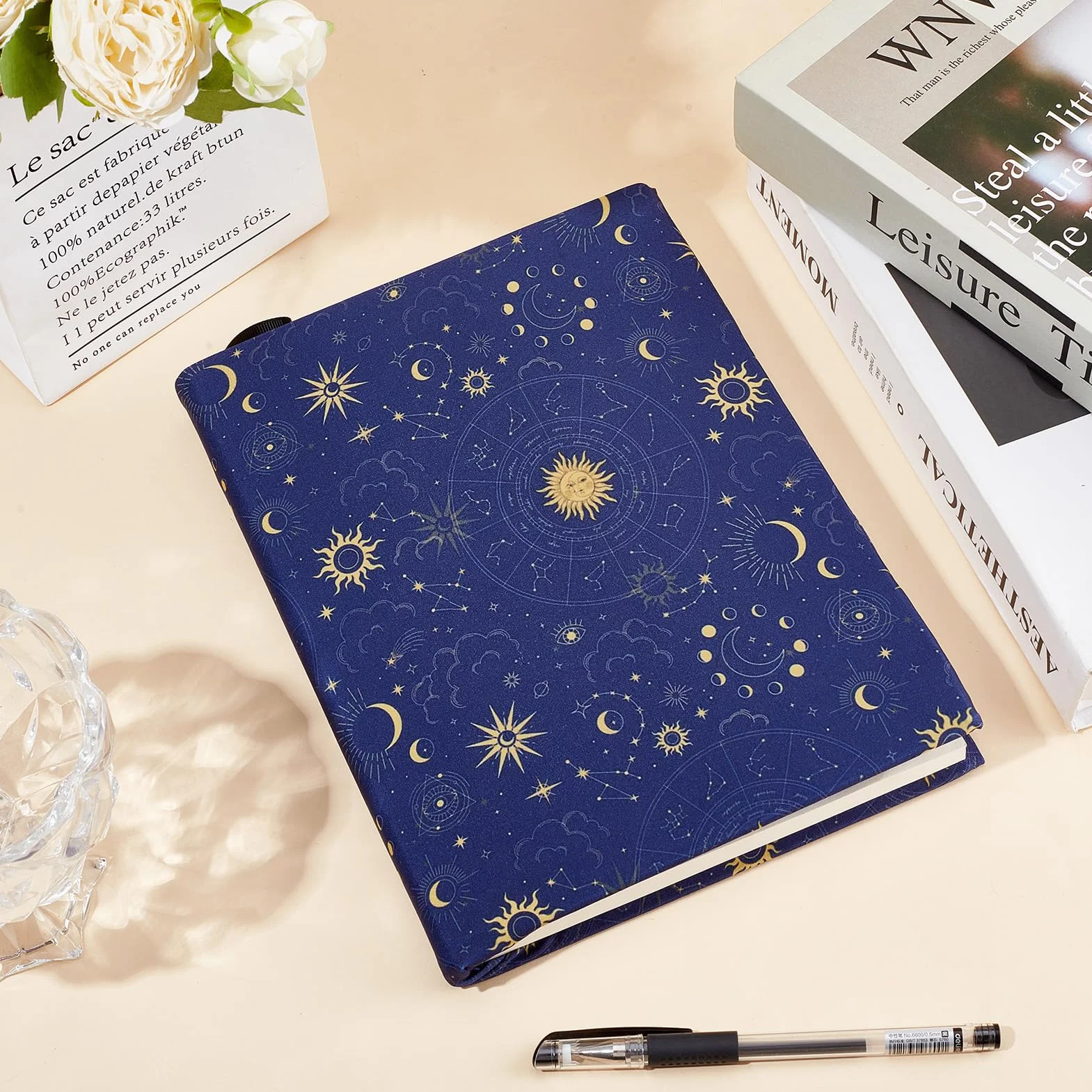 NICENEEDED Copertina Estensibile per Libri, Custodia per Libro Stella Luna Blu Navy