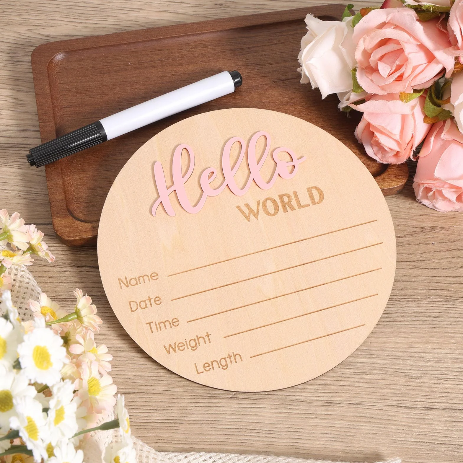 Cartello di Annuncio del Neonato in Legno 15 cm con Scritta Hello World Rosa Chiaro per Baby Shower