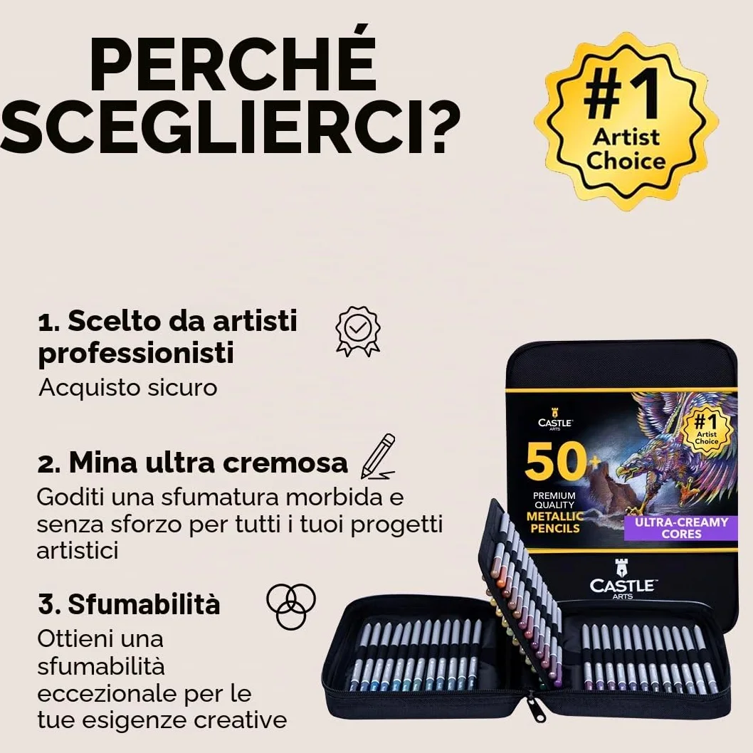 Castle Art Supplies Set di 48 Matite Metalliche Colorate Con Extra | Anime in Cera con Tonalità Scintillanti per Professionisti, Artisti Adulti e Coloristi | In Solida Custodia Cernierata da Viaggio