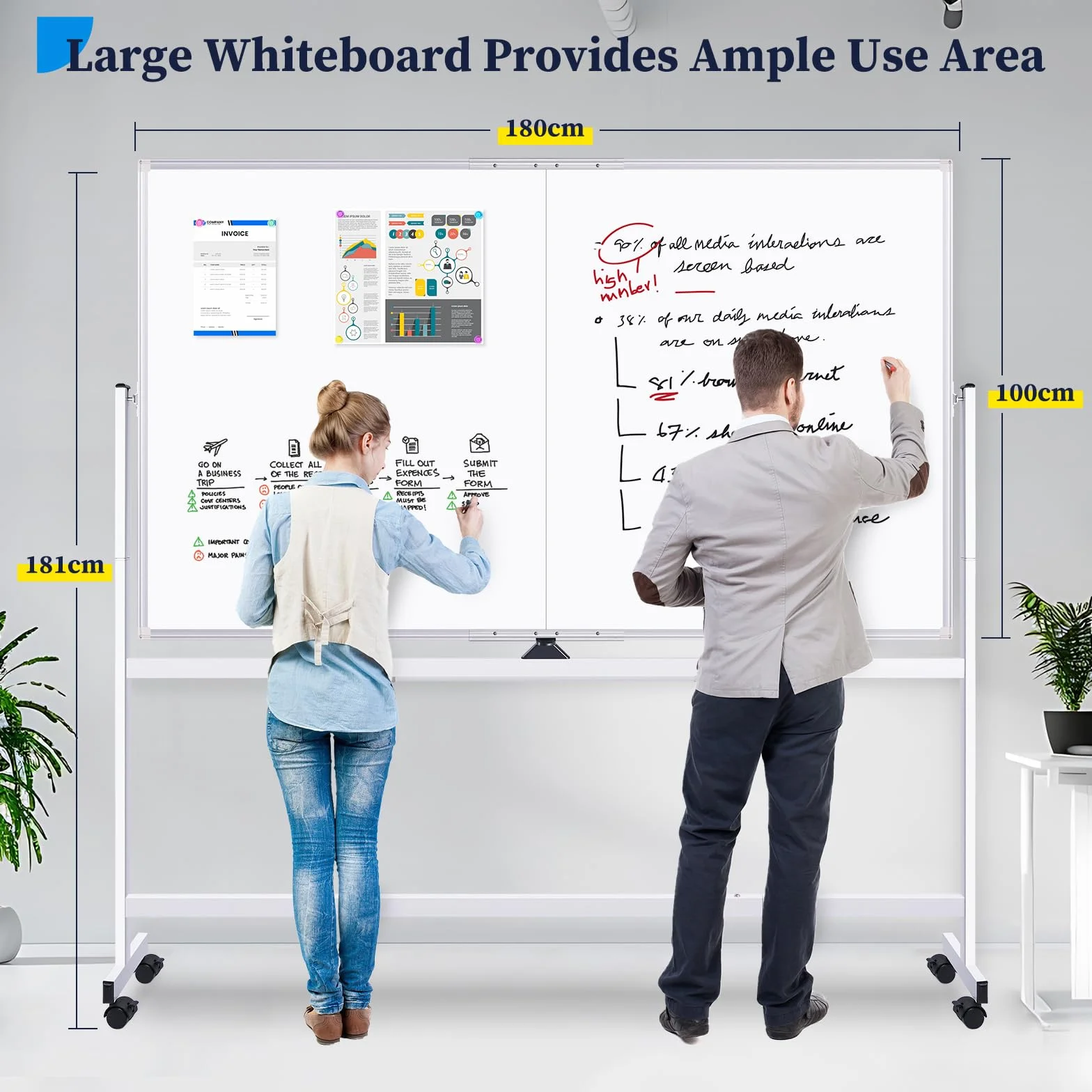 maxtek Lavagna Bianca Mobile con Supporto 180 x 100 cm, Grande Lavagna Cancellabile Magnetica Double Face, Cadre en Aluminium, Capovolgimenti 360° su Ruote, per Casa, Ufficio, Scuola