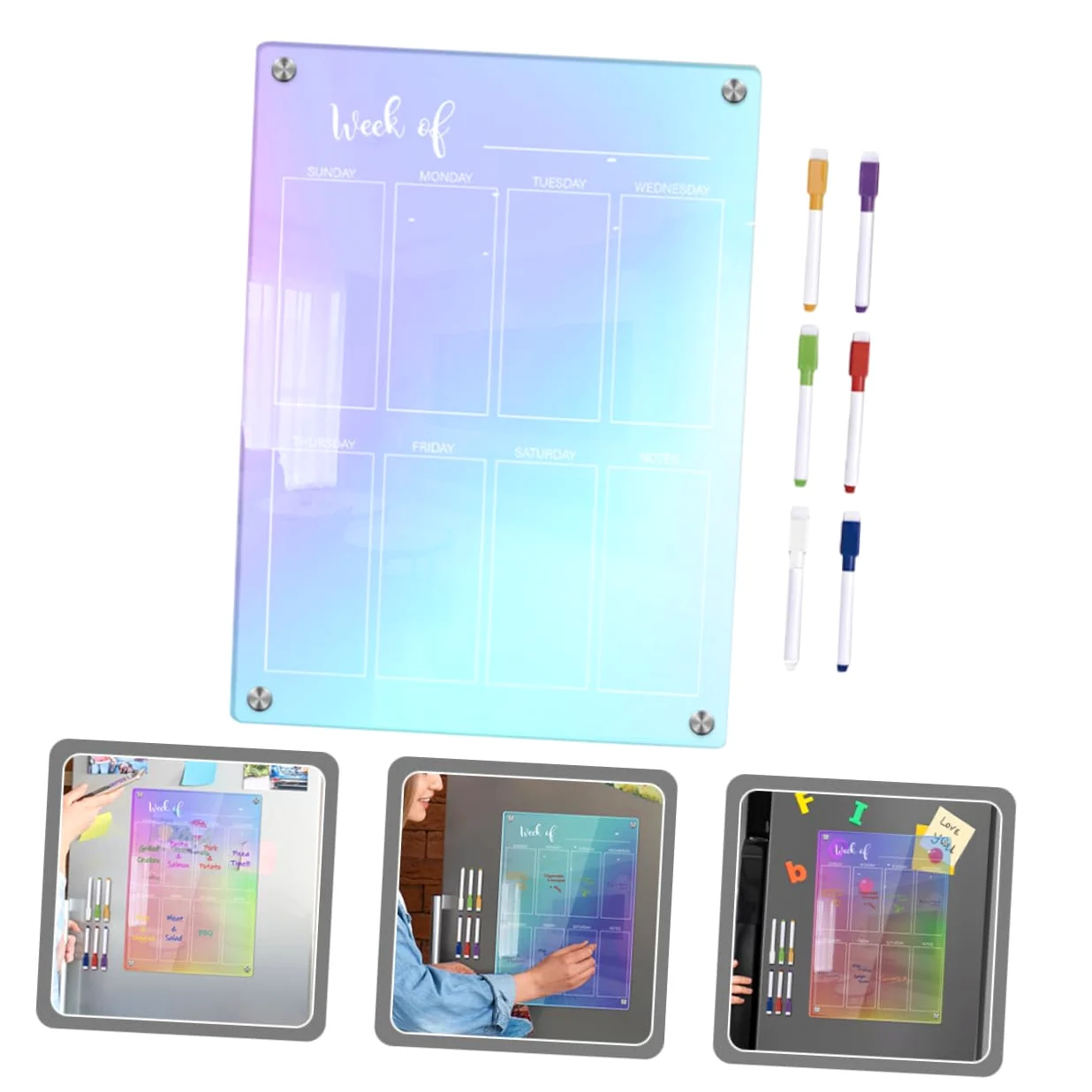 OSALADI 1 Set Set di penna di blocco note frigorifero calendario magnetico agenda settimanale magnetica Consiglio di pianificazione giornaliero lavagna magnetica trasparente Acrilico
