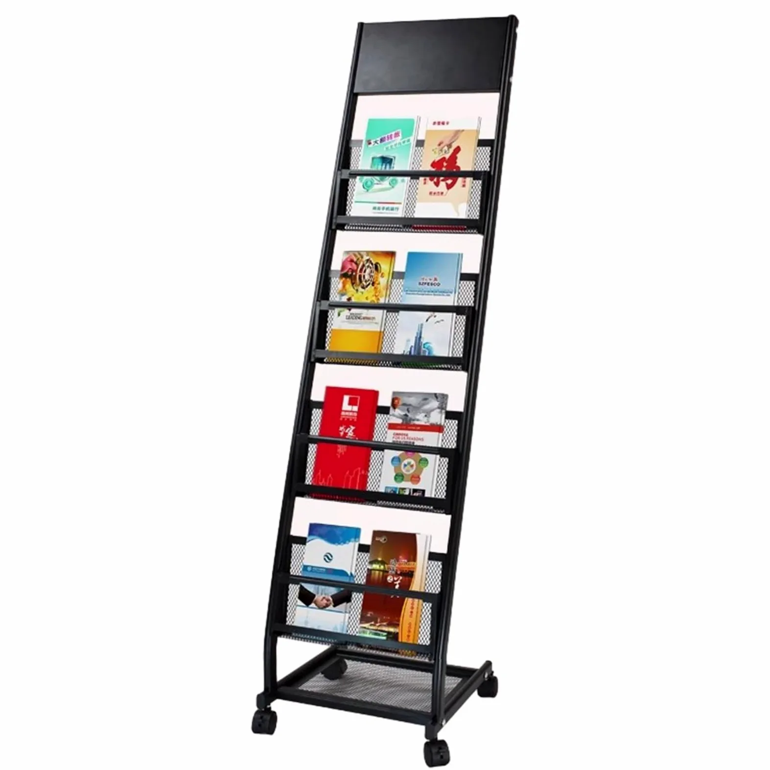 Portariviste in rete metallica con rotelle, espositore a 5 strati per brochure e archivio, organizer verticale multiuso, decorazione moderna