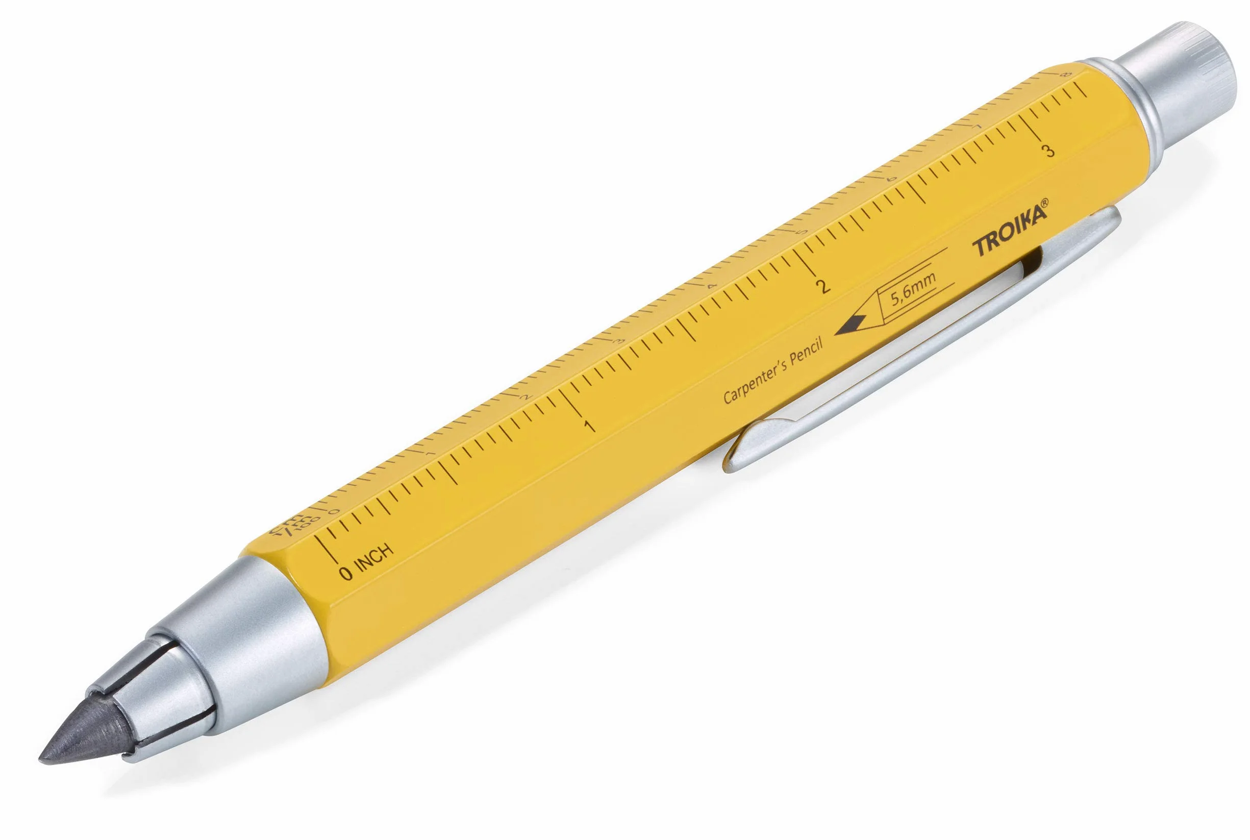 TROIKA ZIMMERMANN 5,6 BLEISTIFT- PEN56/YE mine (5,6 mm HB-mine), righello in centimetri/pollici, scala 1:20 m/1:50 m, temperamatite in ottone laccato giallo