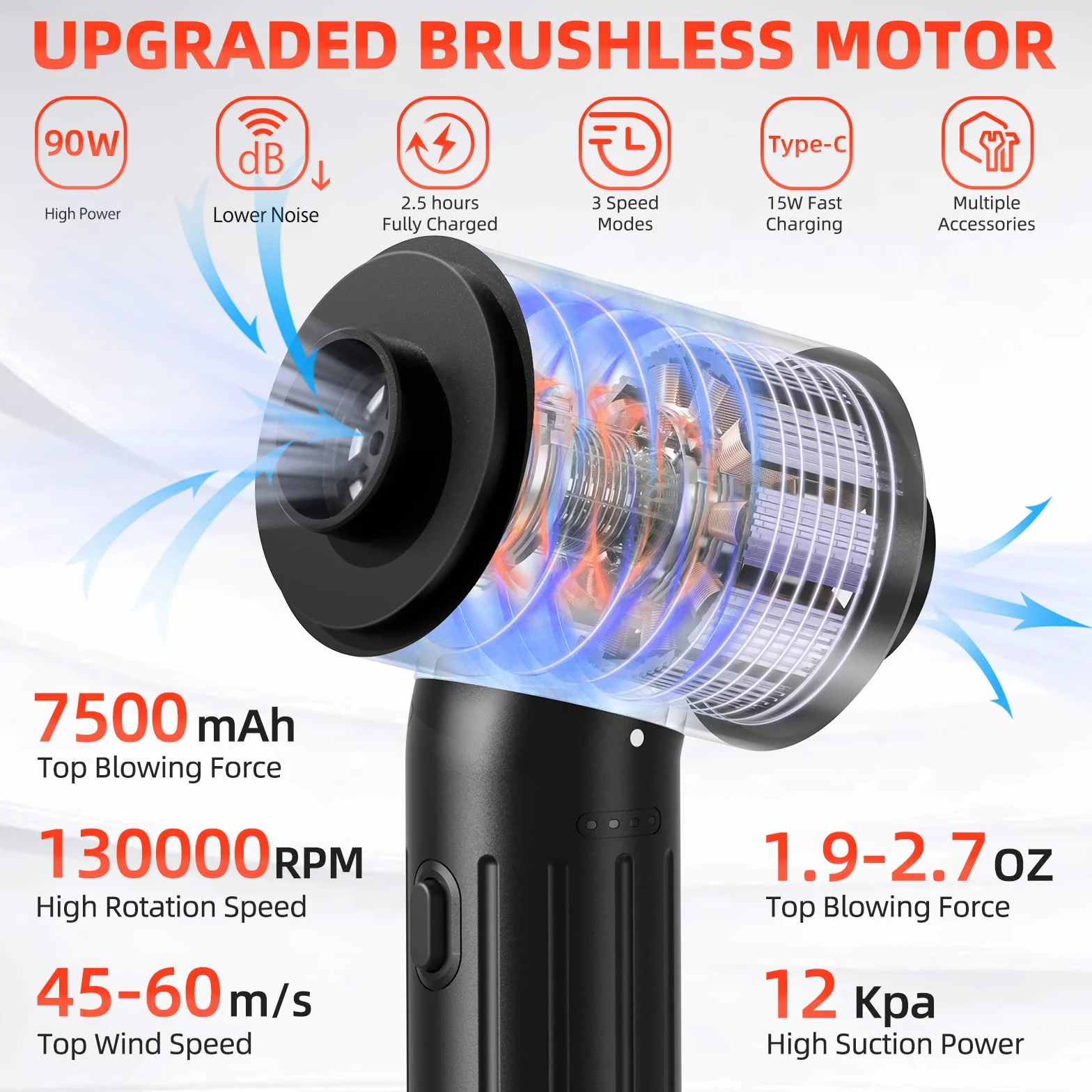 【Motore Brushless】 Reesibi 4 en 1 Elettrico 130000RPM Rimuovi Polvere Senza Fili & 12Kpa Aspirapolvere, Progettazione del Radiatore, Chip Intelligente, 3 Velocità, 90W, 7500mAh, 15W di Carica Rapida