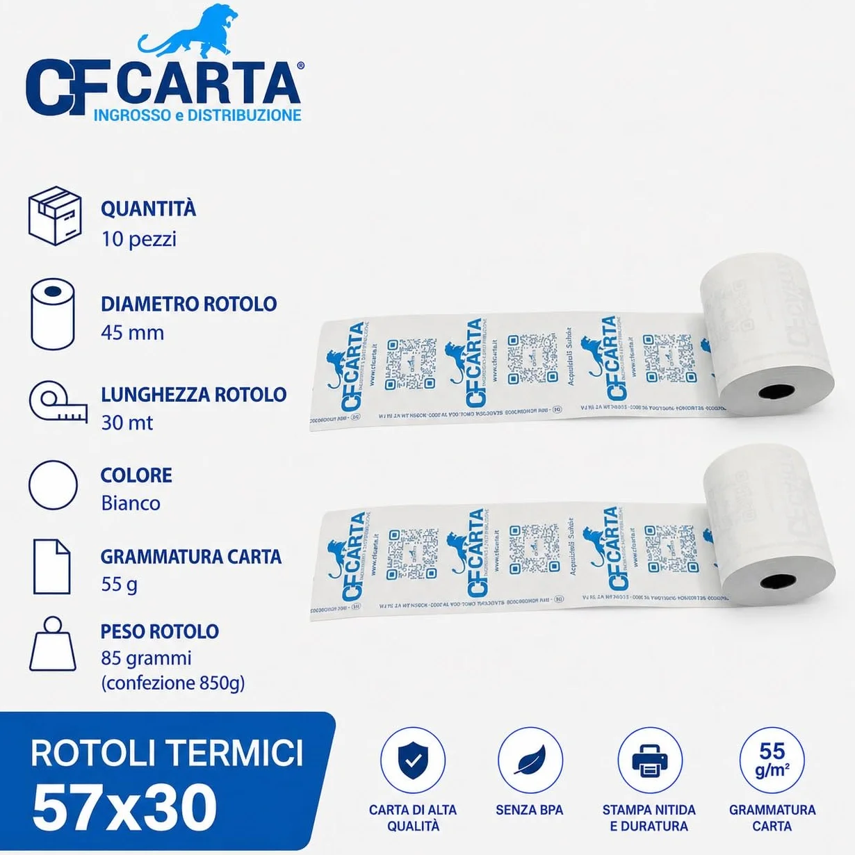 100 rotoli termici per cassa, rotoli omologati per scontrini misura 57mm x 30metri di lunghezza, CF CARTA (100)