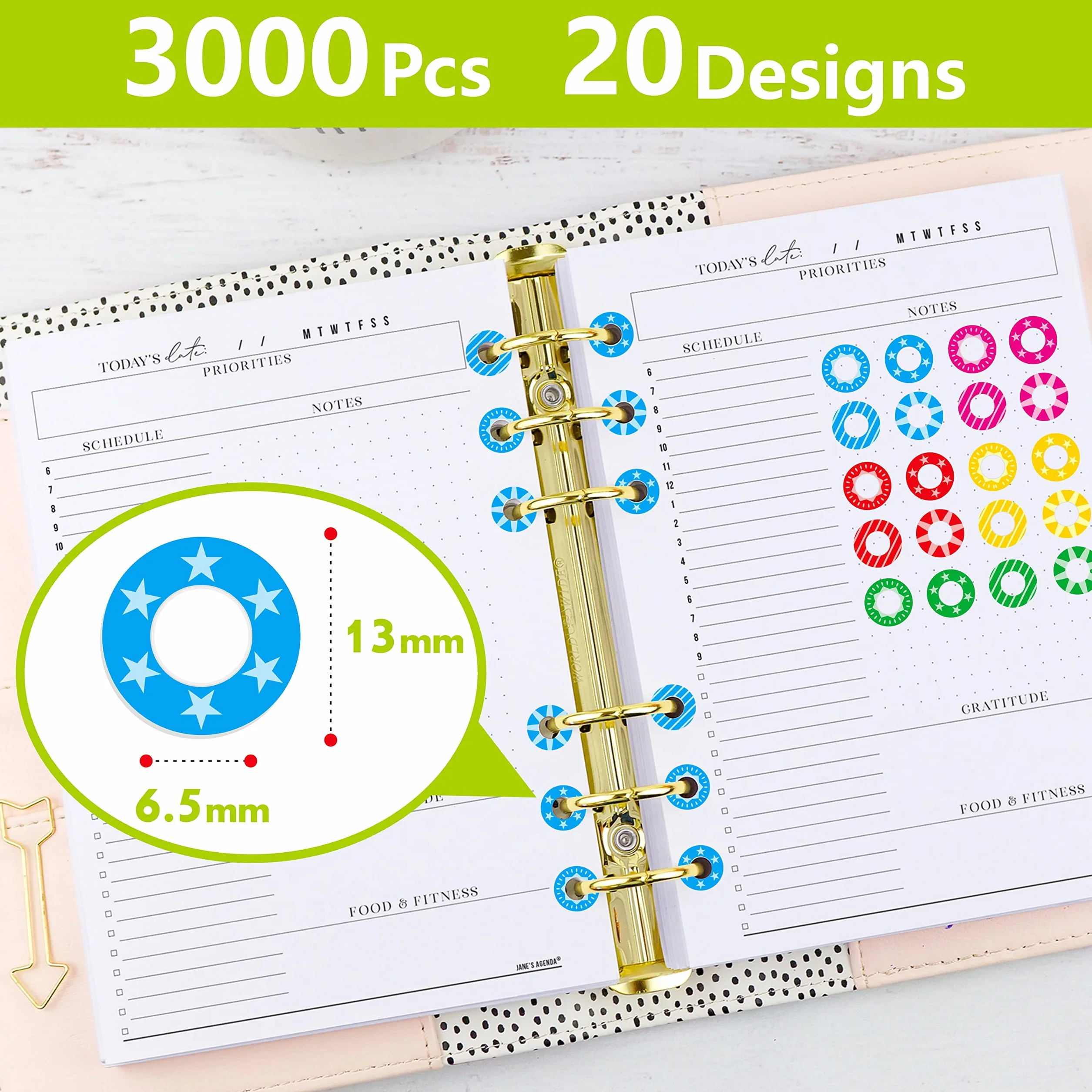 Etichette Adesive di Rinforzo con Fori Colorati 3000 Pezzi, Protezioni per Fori in Plastica, 20 Design a Ciambella (13 mm x 6 mm)