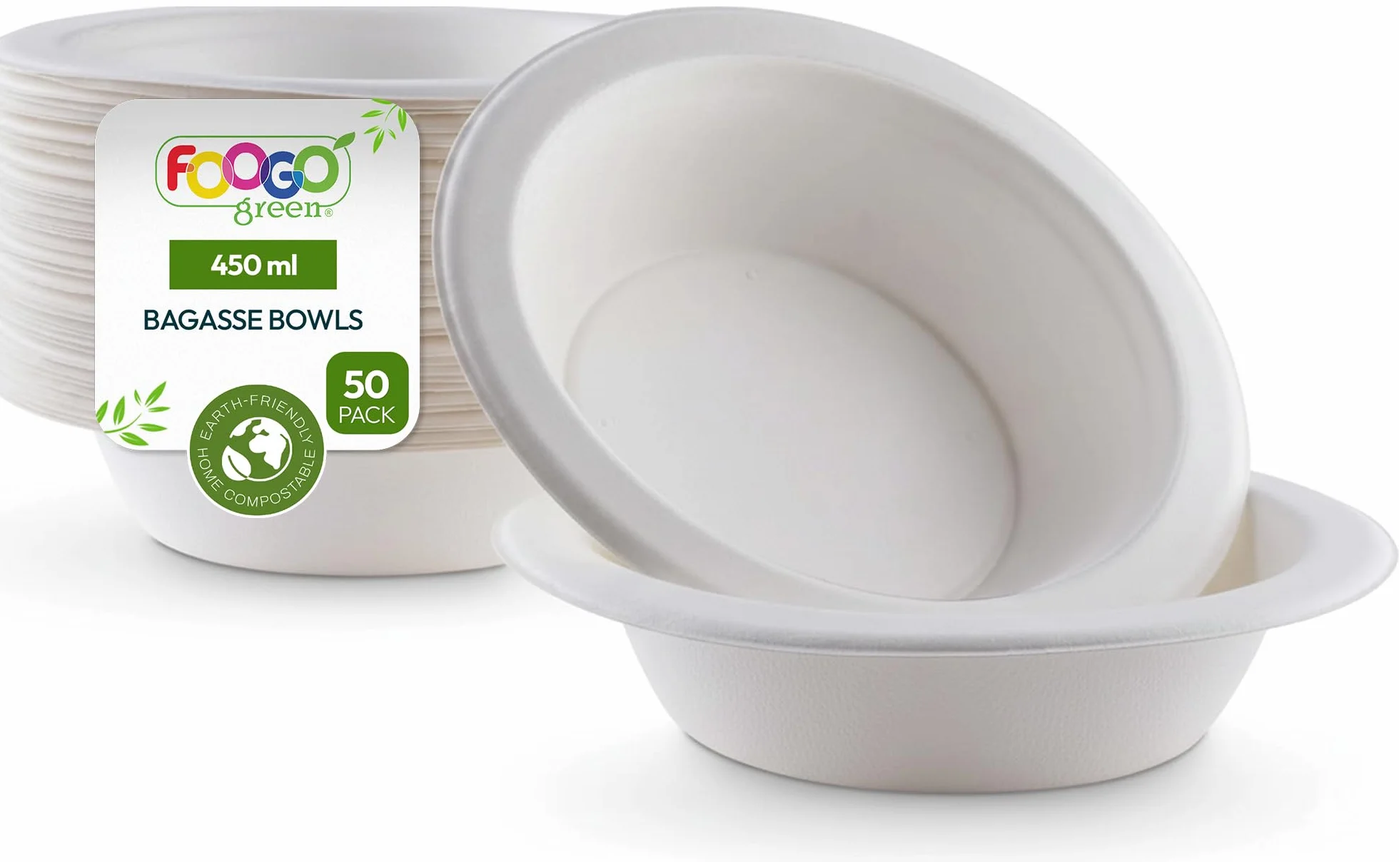 FOOGO Green 50 Ciotole Monouso in Fibra di Canna da Zucchero 450 ml 18cm Biodegradabili