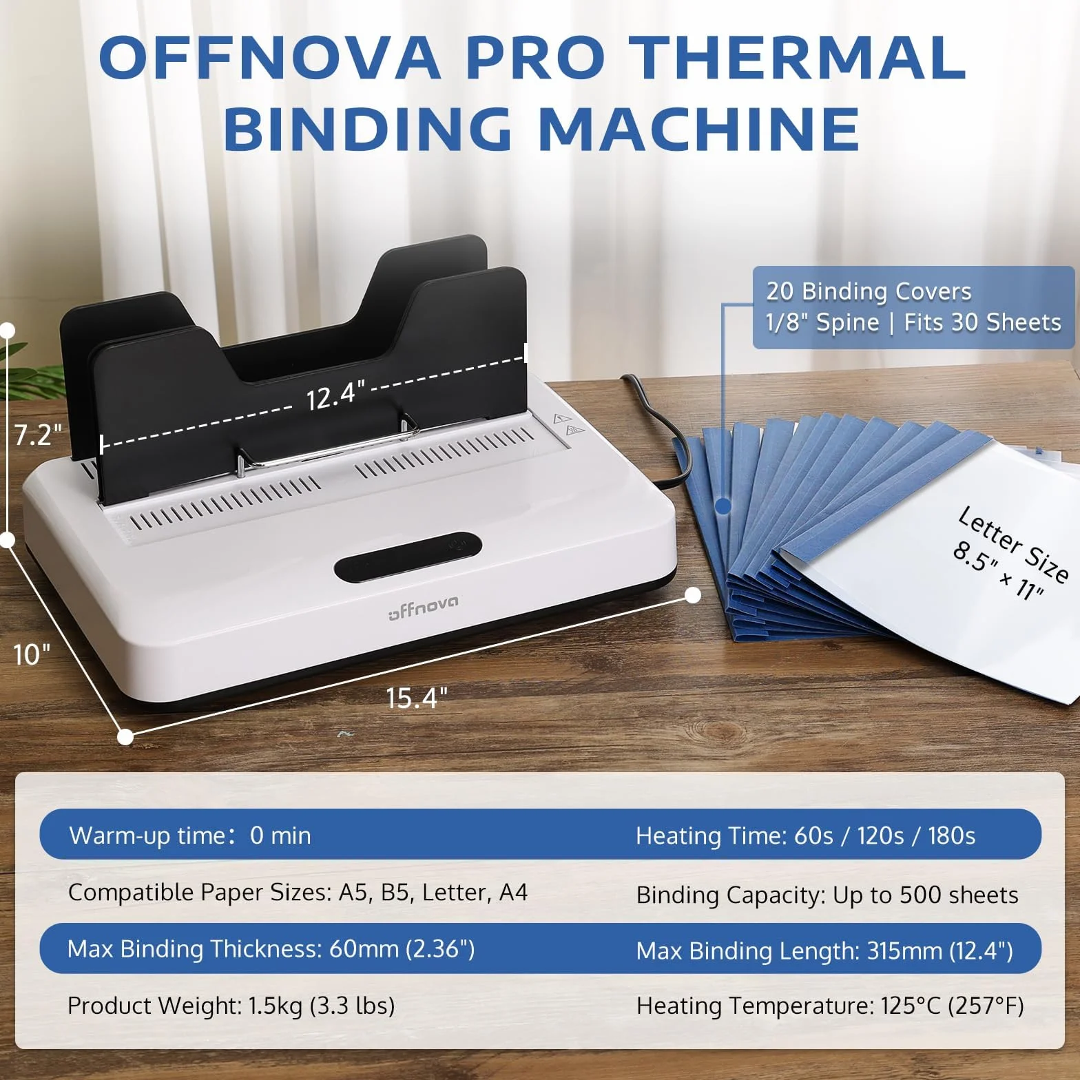 OFFNOVA Rilegatrice termica, 500 fogli, nessun preriscaldamento, raffreddamento ad aria, 3 impostazioni di tempo, compatibile con A3/A4/A5/Letter, con 10 copertine per rilegatura, per ufficio e