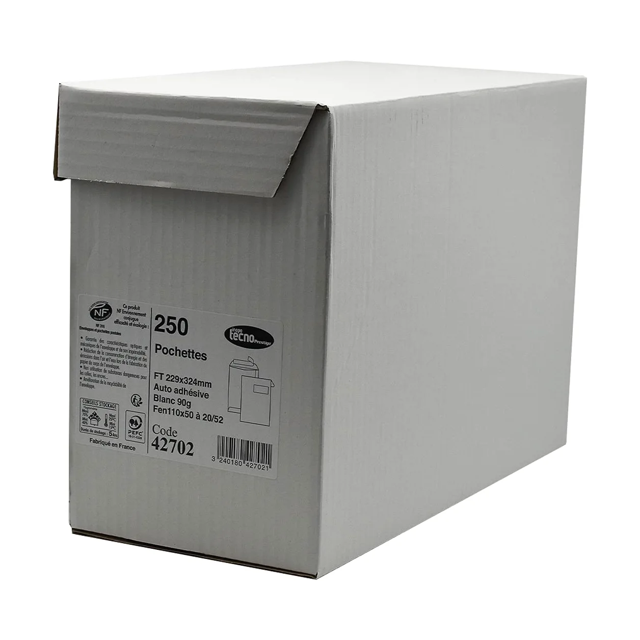 TECNO PRESTIGE, scatola da 250 buste extra bianche, fascia di protezione, 90 g, formato C4 229 x 324 mm con finestra 110 x 50 a 52/20
