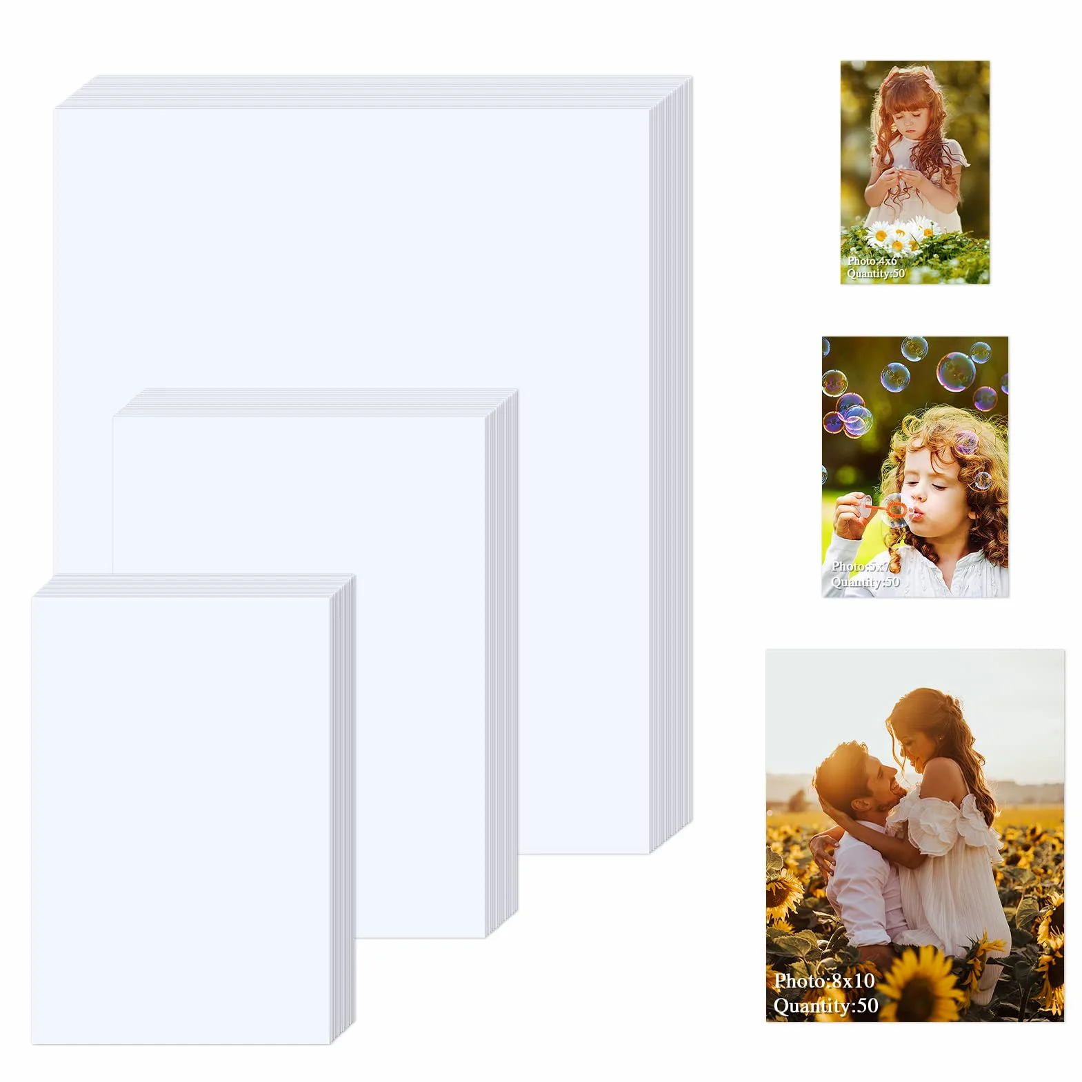 ZBEIVAN Carta fotografica lucida, 10,2 x 15,2 cm, 150 fogli, 12,7 x 17,8 cm, 20,3 x 25,4 cm, 150 fogli, per stampante a getto d'inchiostro, 200 g/m² (50 fogli per ogni formato 4x6, 5x7, 8x10)