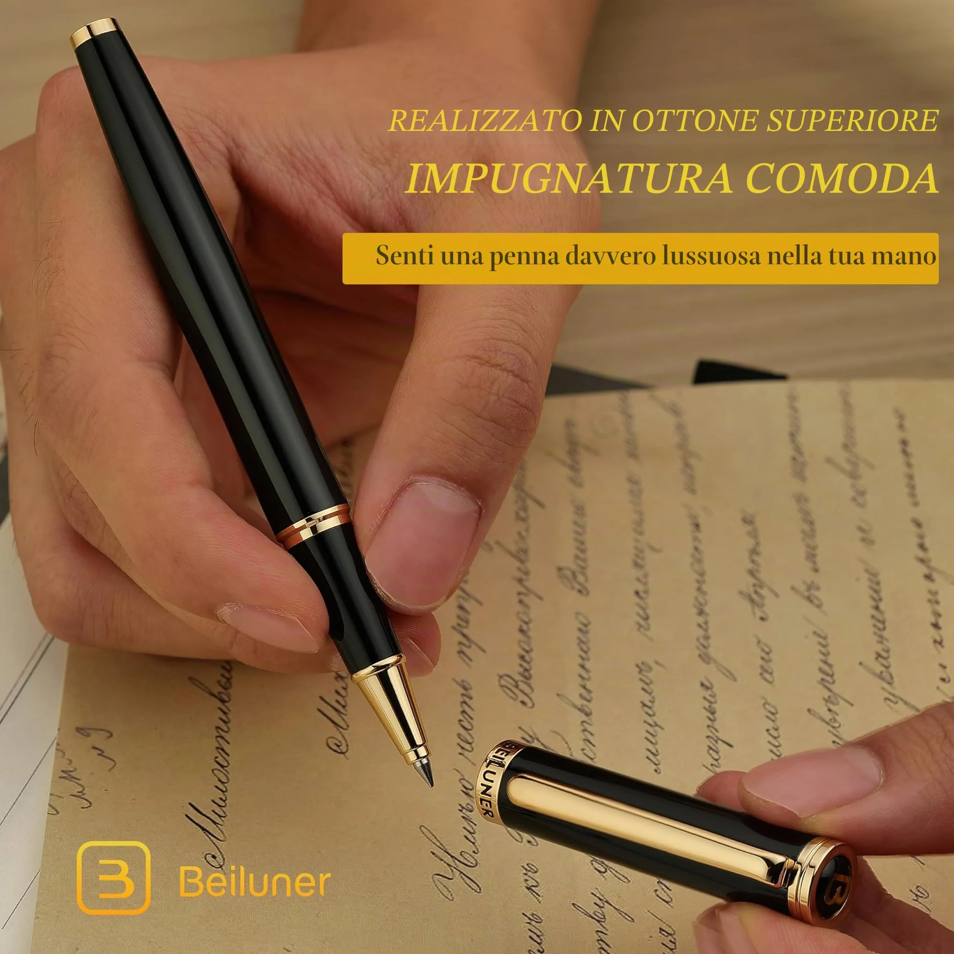BEILUNER Penna Rollerball di Lusso Finiture Oro 24K, Design Nobili ed Eleganti, Ricambio Schneider, Set Regalo per Uomo e Donna, Professionale, Ufficio Dirigenziale - Nero & Oro