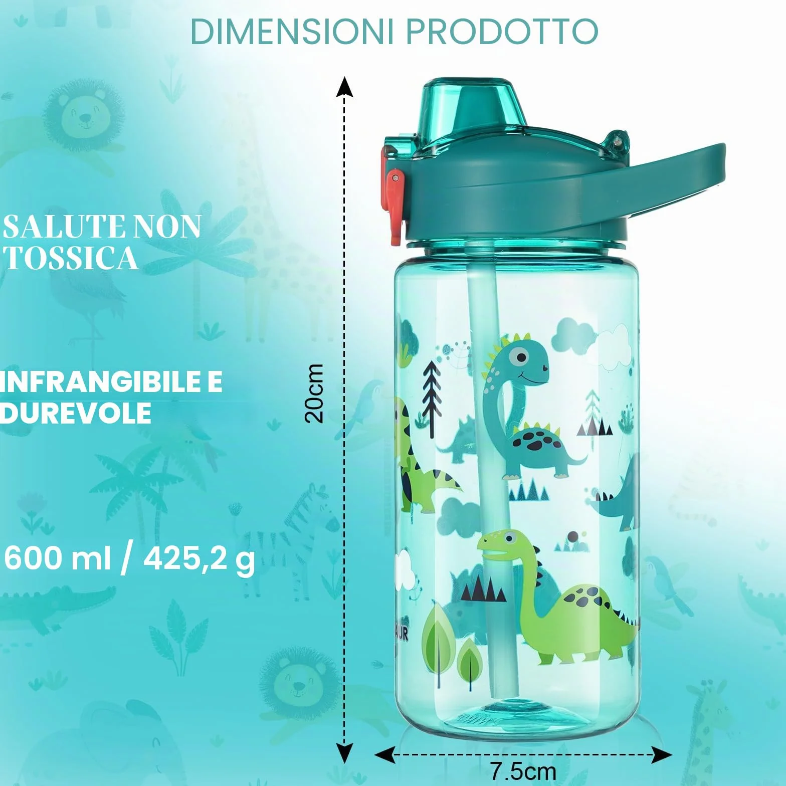 Flintronic Borraccia Bambini 600ML Senza BPA Bottiglia Acqua Cannuccia Prova Perdita Dinosauro