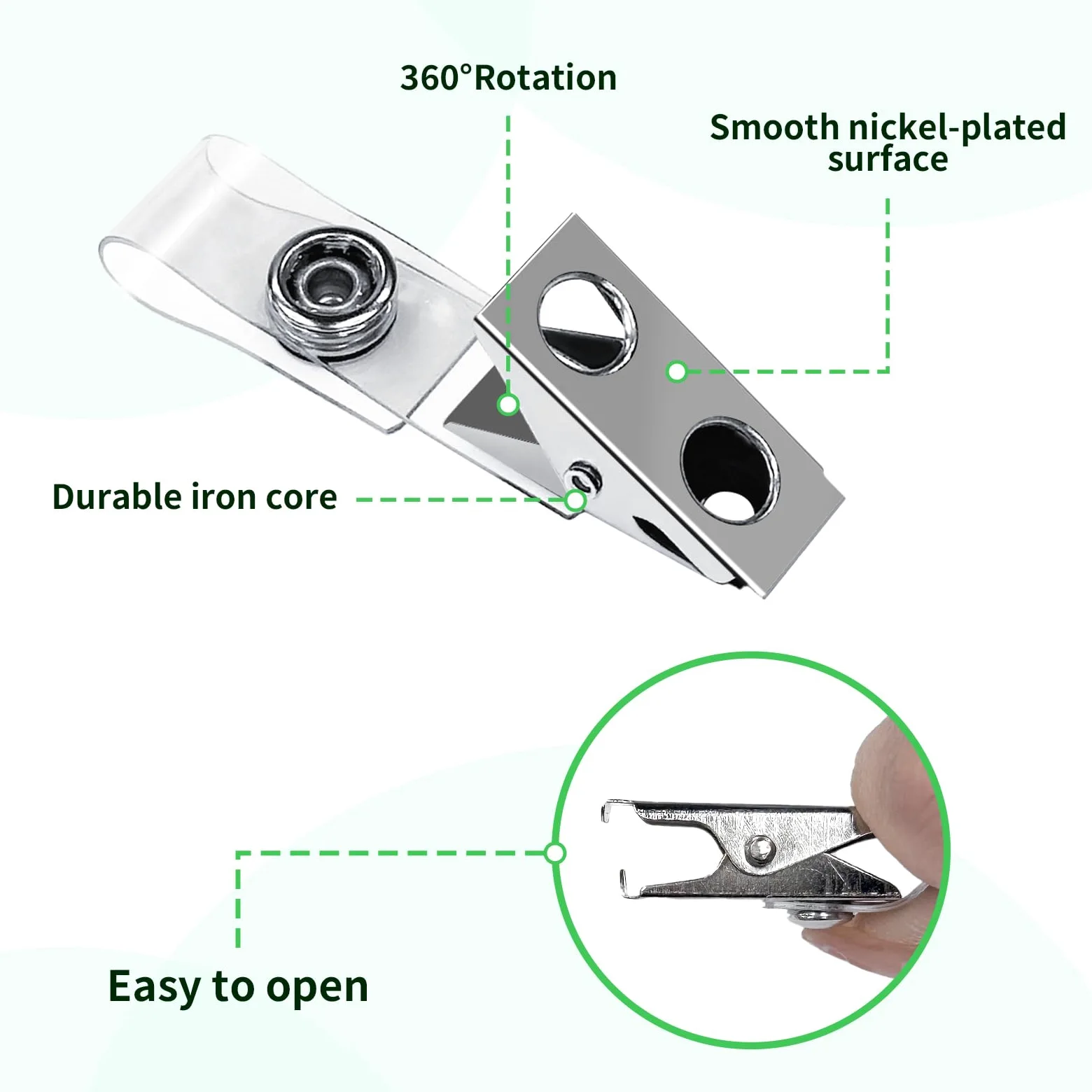 Confezione da 400 clip per badge in metallo, a doppio foro, con cinghie in PVC trasparente, per targhette, carte d'identità e porta badge, forniture per ufficio e lavoro