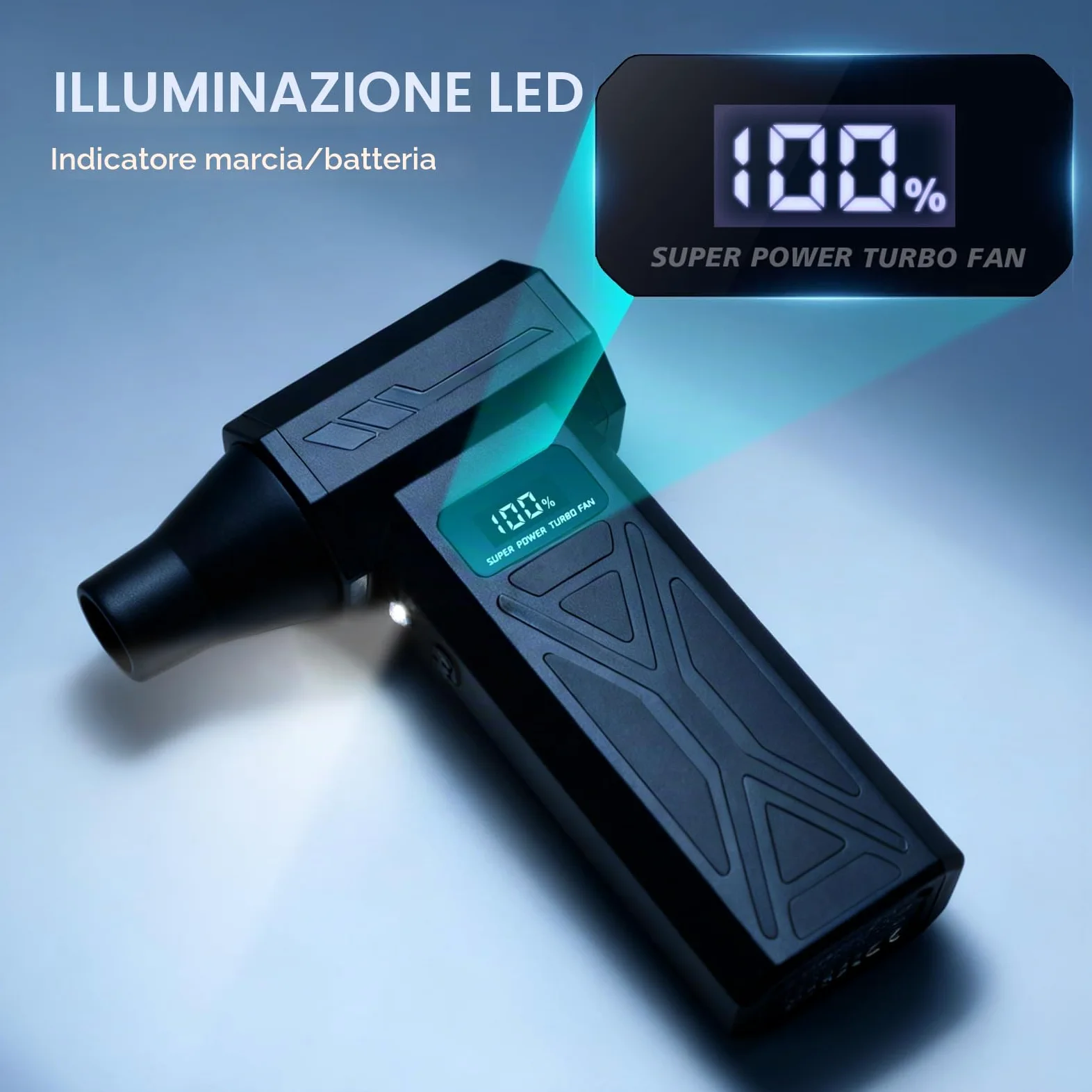 Aria Compressa Elettrico 4 Velocità – Soffiatore Portatile 4000 mAh con LED | Velocità Max 110.000 RPM, Autonomia 20-60 min, 5 Ugelli + 10 Spazzole, Ricarica Rapida 2,5 ore, per PC/Auto/Divani/Tastiere