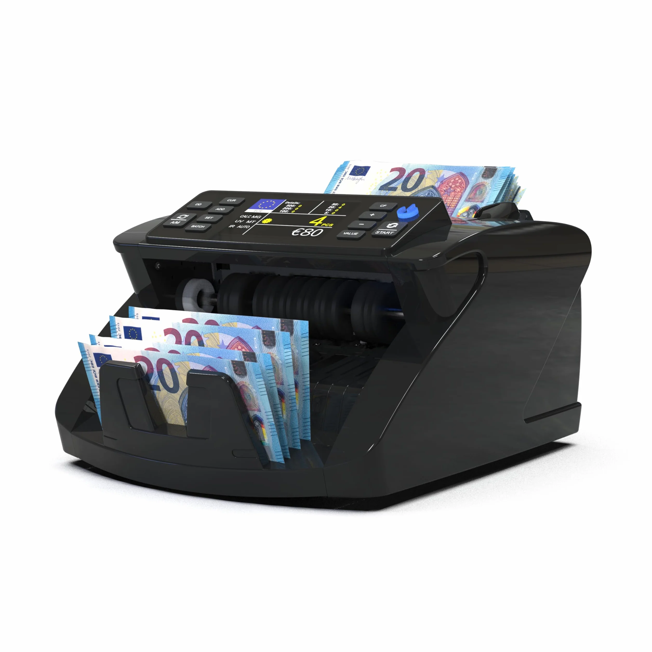 Detectalia V10 Macchina Conta Banconote con Rilevamento UV/MG/IR/MT/DD, Schermo TFT 3,5” + Display Esterno, Valore Totale, Lotto e Somma, 1000/Minuto, per EUR-GBP-CHF-USD-SEK-DKK-PLN-TRY-AED-SAR