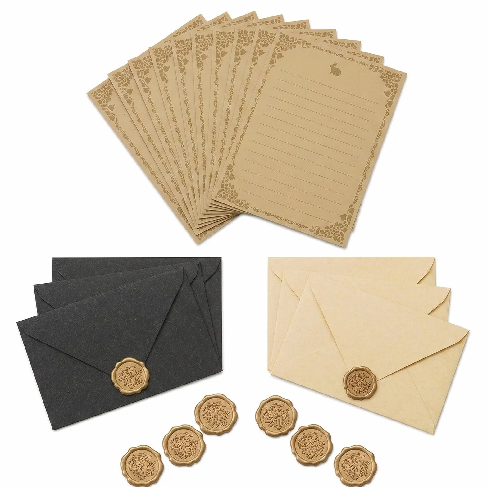 Zestaw 32 sztuk vintage papieru listowego A5, 6 kopert lnianych, koperty kraft, pieczęcie woskowe