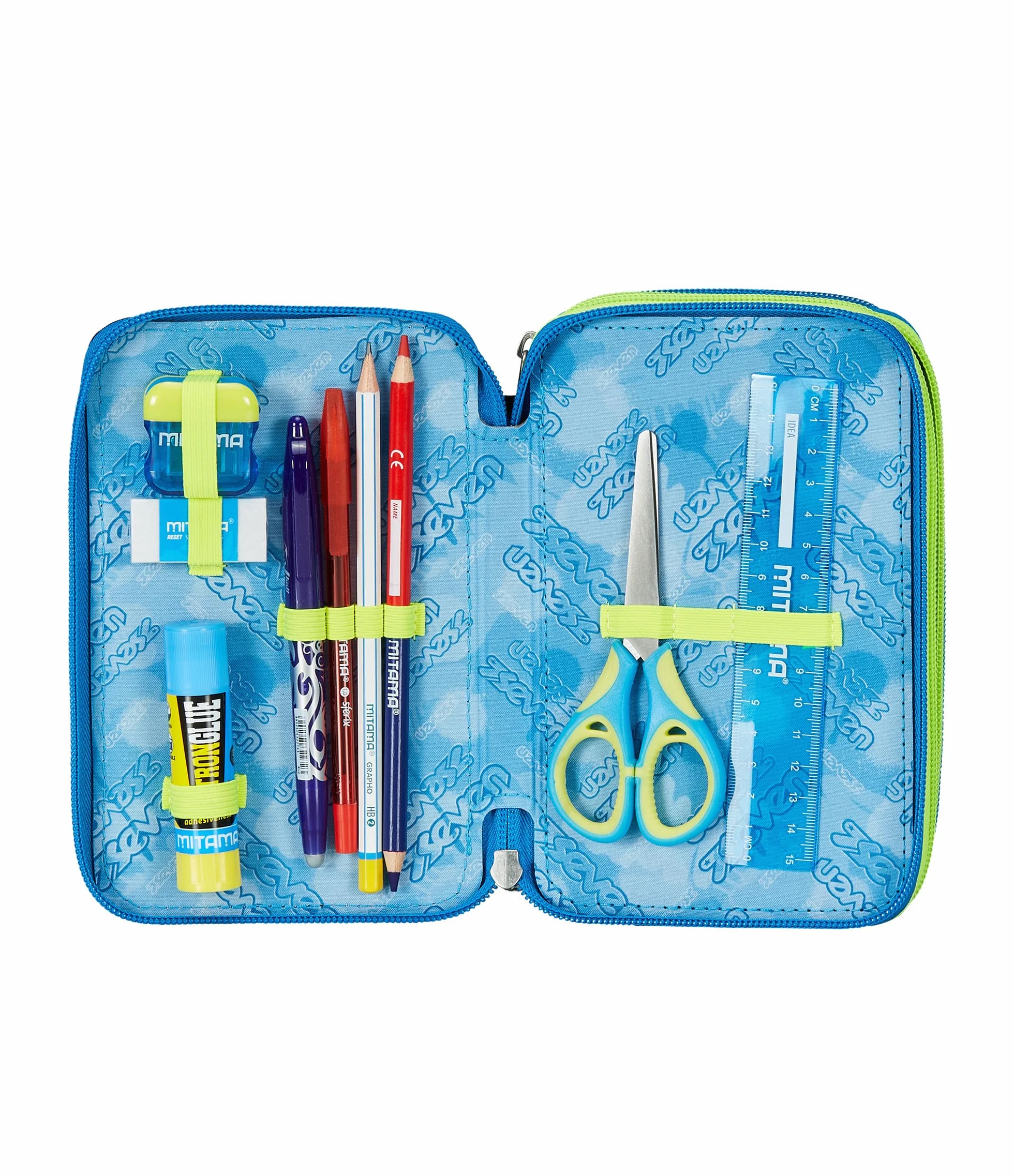 Seven Astuccio Scuola Elementare, 3 scomparti, Medie, con Matite, Pennarelli, Penne, 3 Zip, Uneven Line, Bambino e Ragazzo, blu
