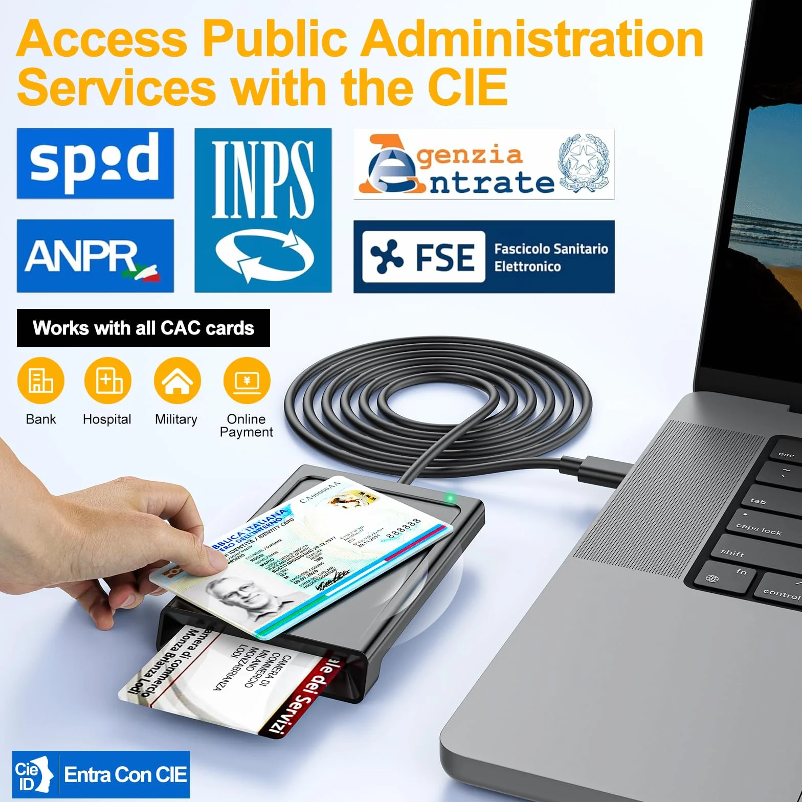 USB C Lettore CIE 3.0 Carta d'identità Elettronica e Tessera Sanitaria Italiana,Lettore Smart Card Firma Digitale Lettore Smart contatto e contactless CIE/CRS/CNS,Lettore NFC per Windows 10 11 Linux