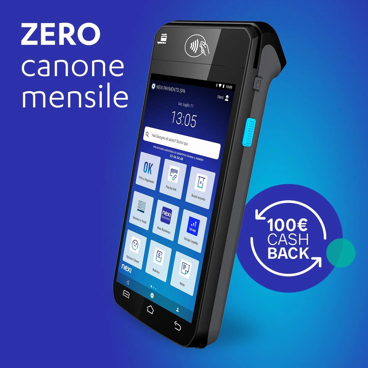 Nexi SmartPOS Mini a Canone Zero, Pos Portatile Contactless, Lettore Elettronico Portatile per Pagamenti con Bancomat, Carta di Credito, Prepagata, Apple Pay e Google Pay