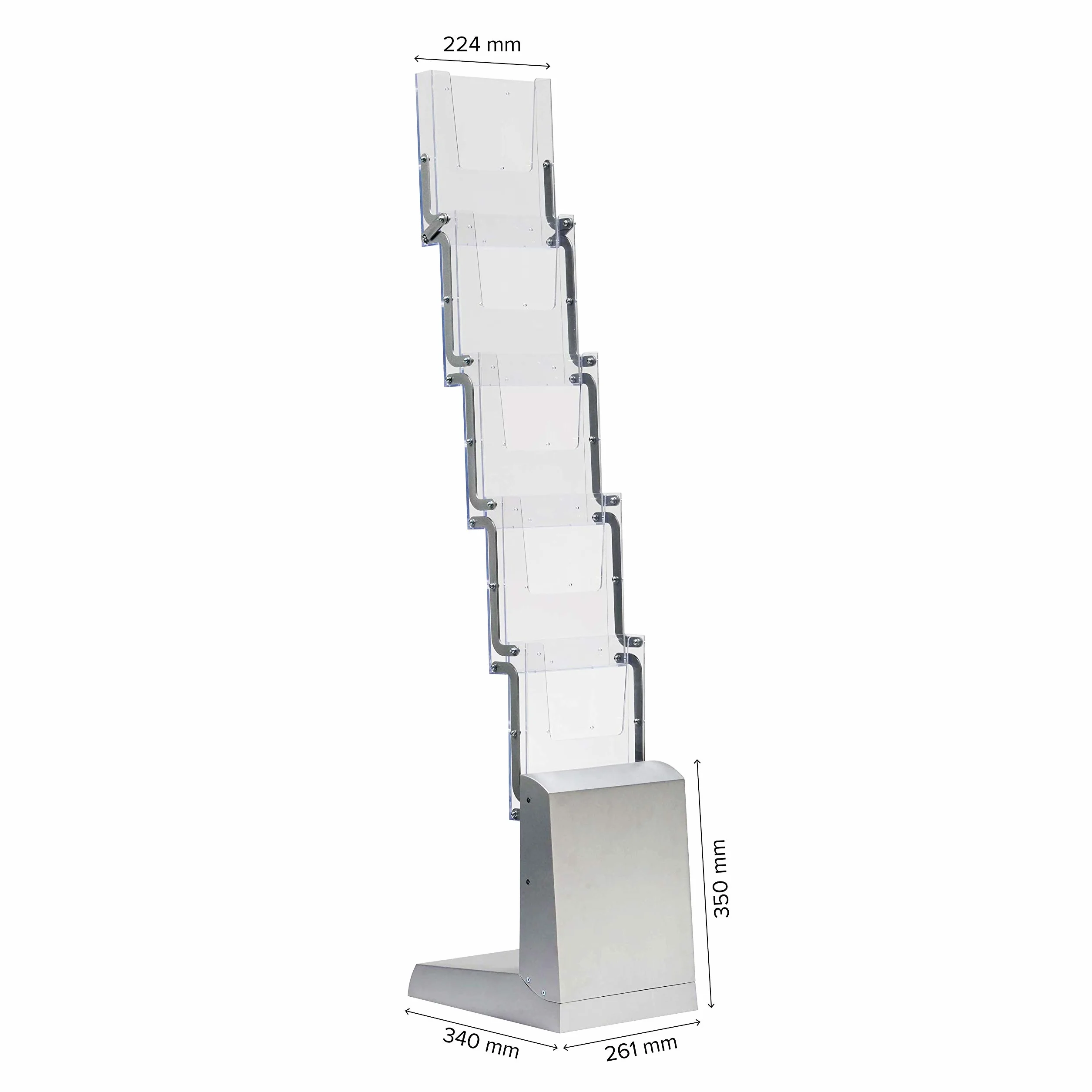 Porta Brochure A4 Argento | Espositore con 5 scomparti in acrilico | Espositore per depliant A4 con borsa da trasporto in nylon | Ideale portadepliant da parete