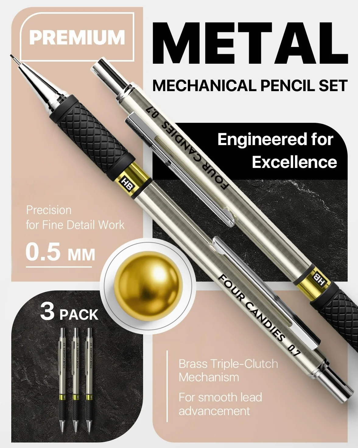 Four Candies Set 3 portamine metallo 0,5 mm mine HB 360 gomme custodia per scrivere disegnare ingegneri