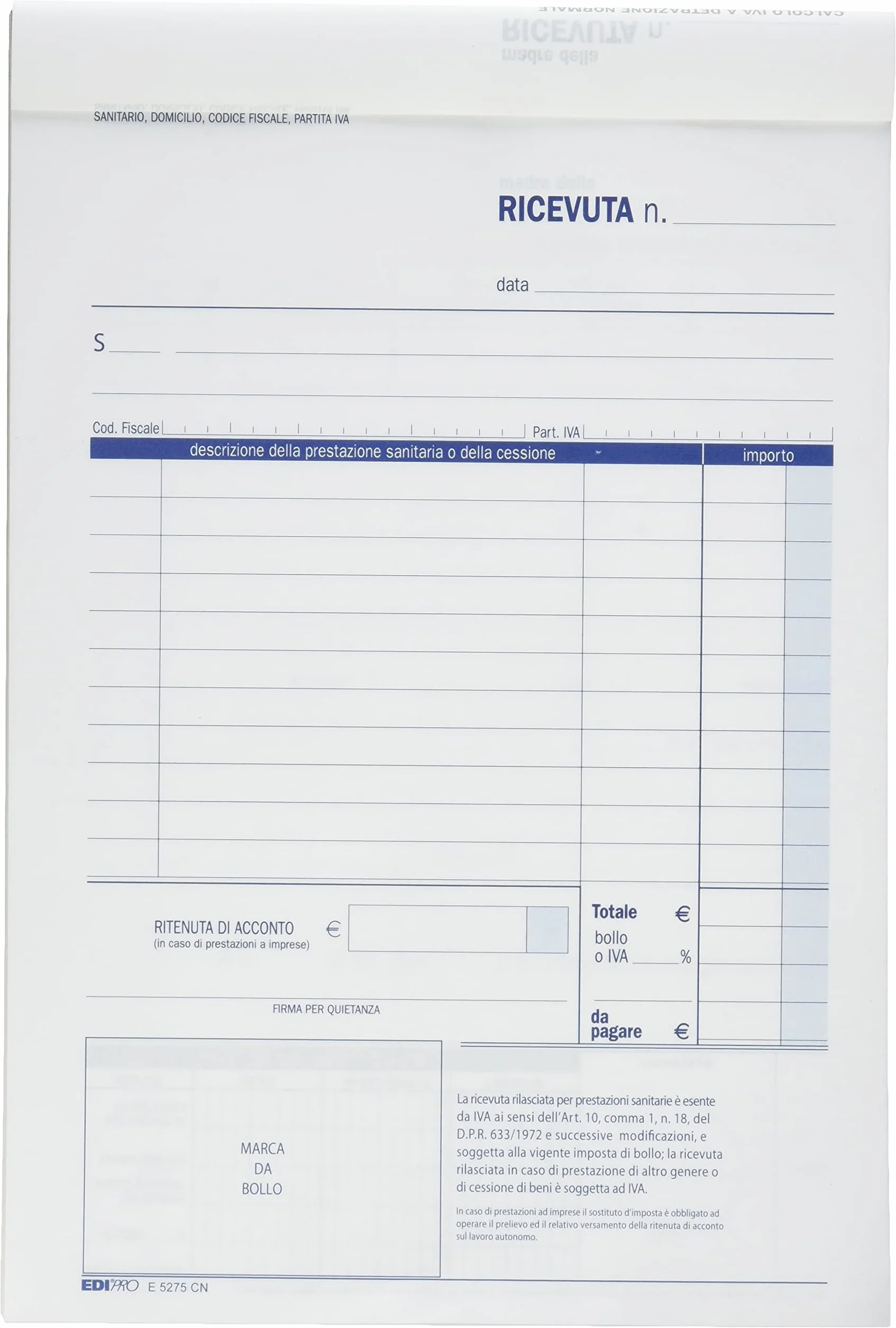 EDIPRO E5275CN Blocco ricevuta sanitaria 50x2 autoricalcante 22x14,8