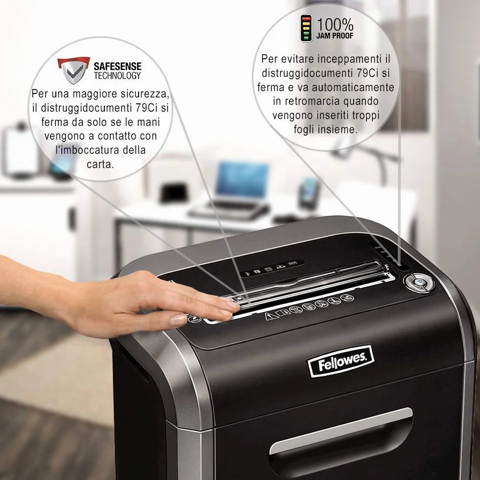 Fellowes distruggi documenti a frammento 79Ci, 16 fogli, per piccolo ufficio, da 1 a 3 utenti, cestino da 23 litri, distruggidocumenti con tecnologia Safesense e anti inceppamento, nero