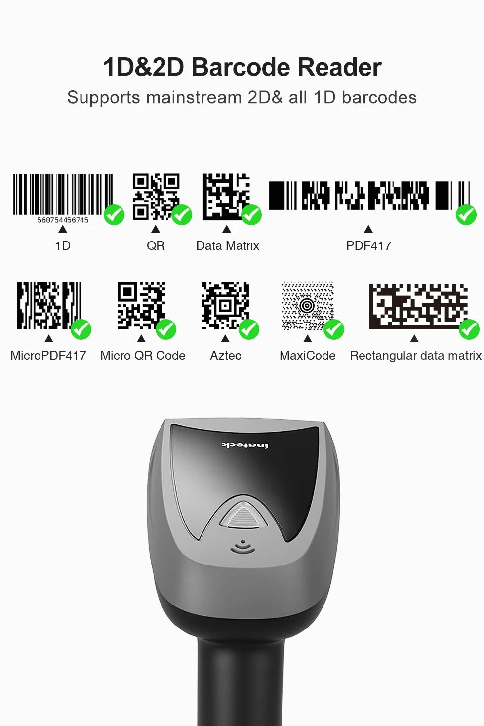 Inateck 2D Lettore per codici a barre, codici QR con base Smart, Wireless, Bluetooth, lettura su schermo, BCST-52