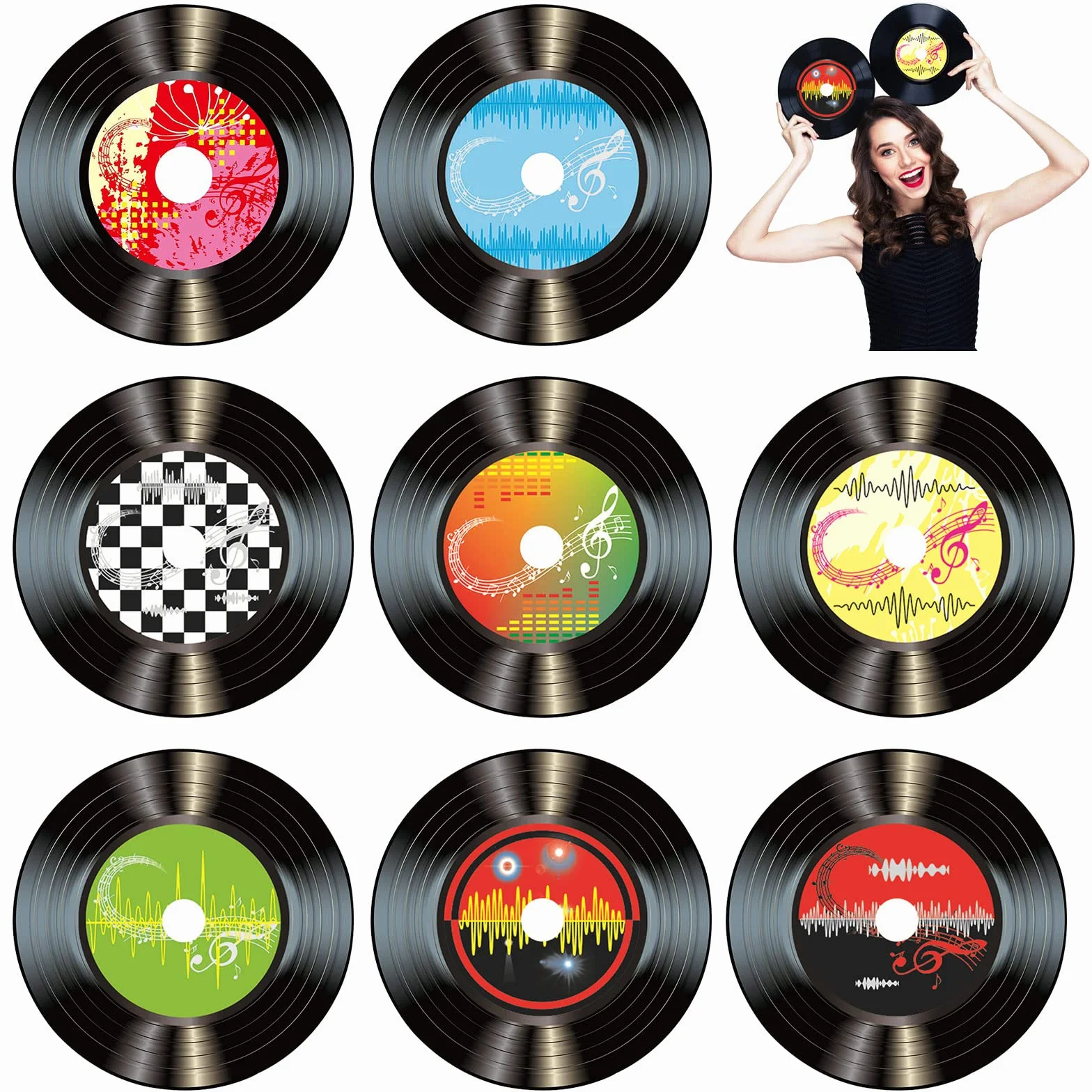Decorazione da Parete Dischi Vinile 8 Pezzi Rock'N'Roll Anni '50 Nero