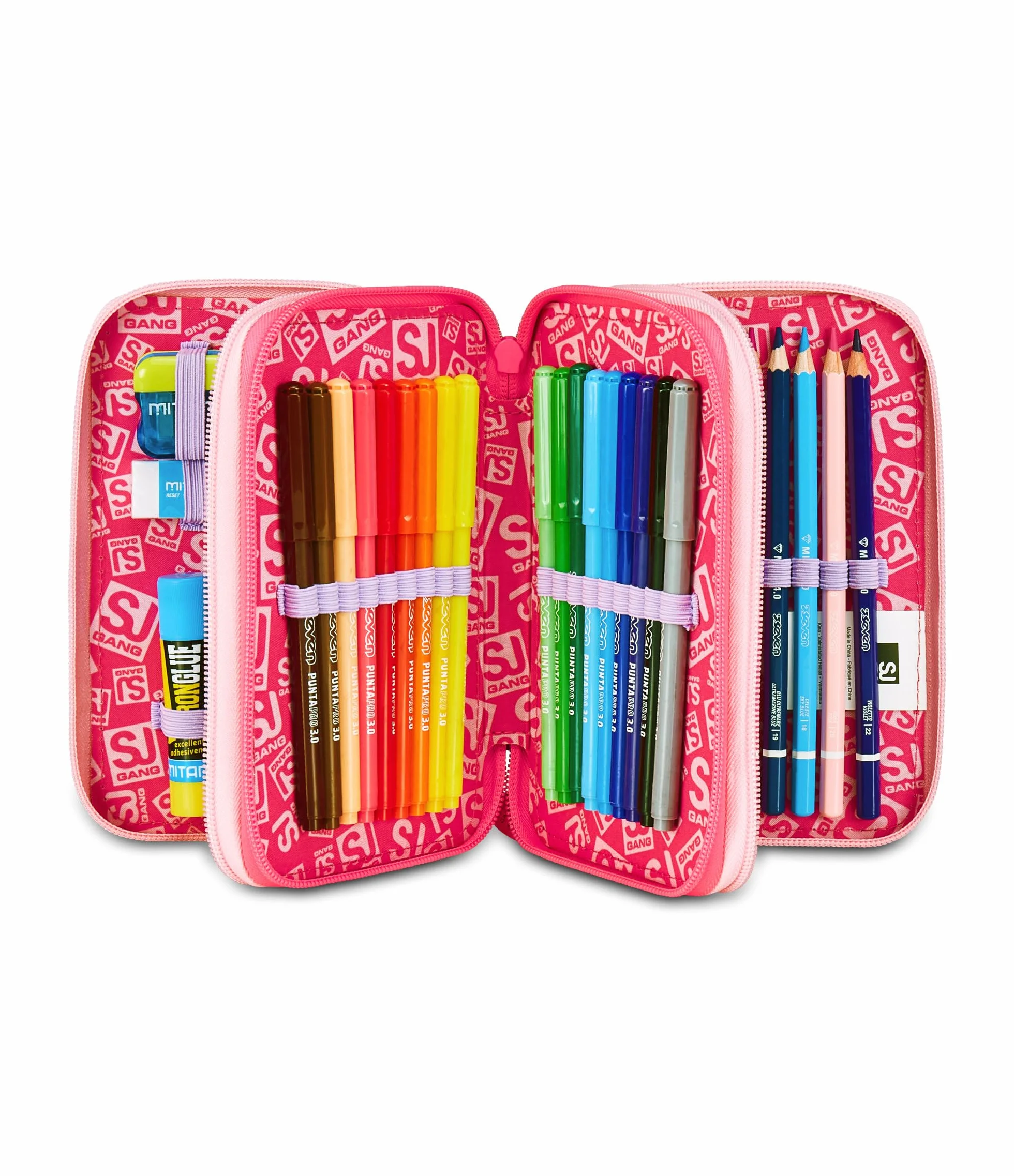 SJ GANG STYLE JAM GANG Astuccio Scuola 3 Zip Rosa Portapenne Triplo Scomparto