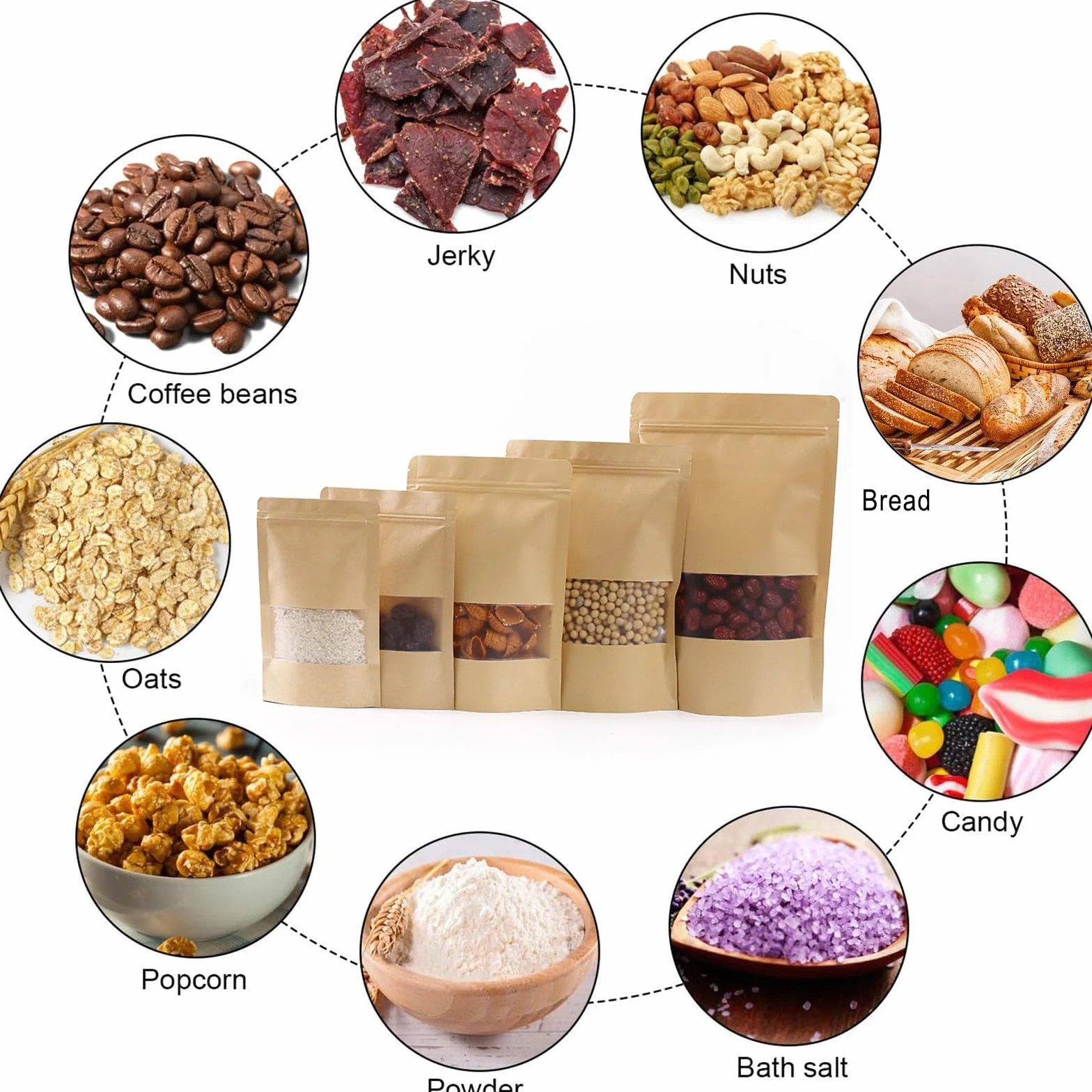 Sacchetti Carta Kraft Alimentare con Finestra e Chiusura 14x20cm Marrone 100 Pezzi