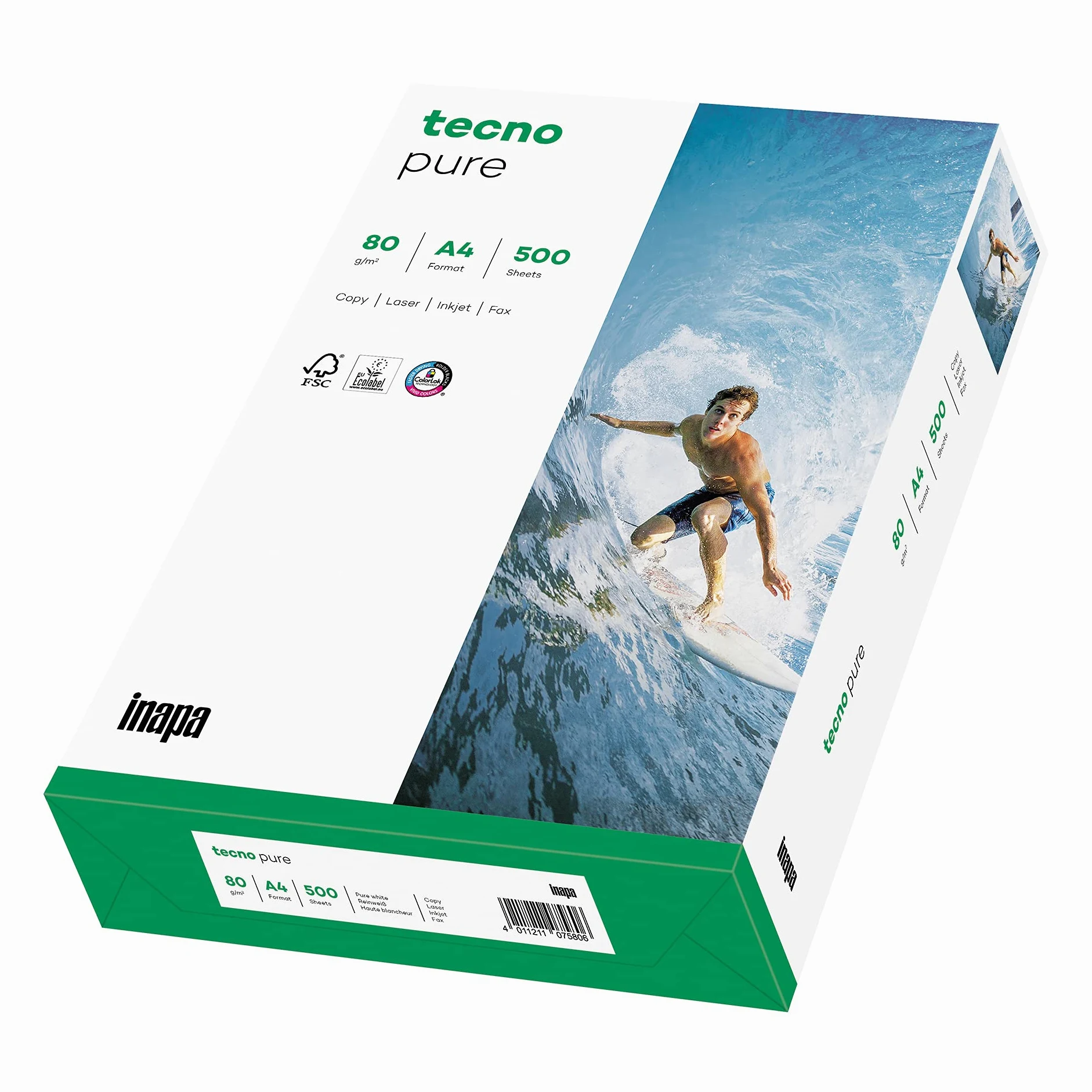 Tecno Pura, Carta Riprografica, 100% Riciclato, Extra Bianco, 80 g, A4, FSC, 5x500 Fogli
