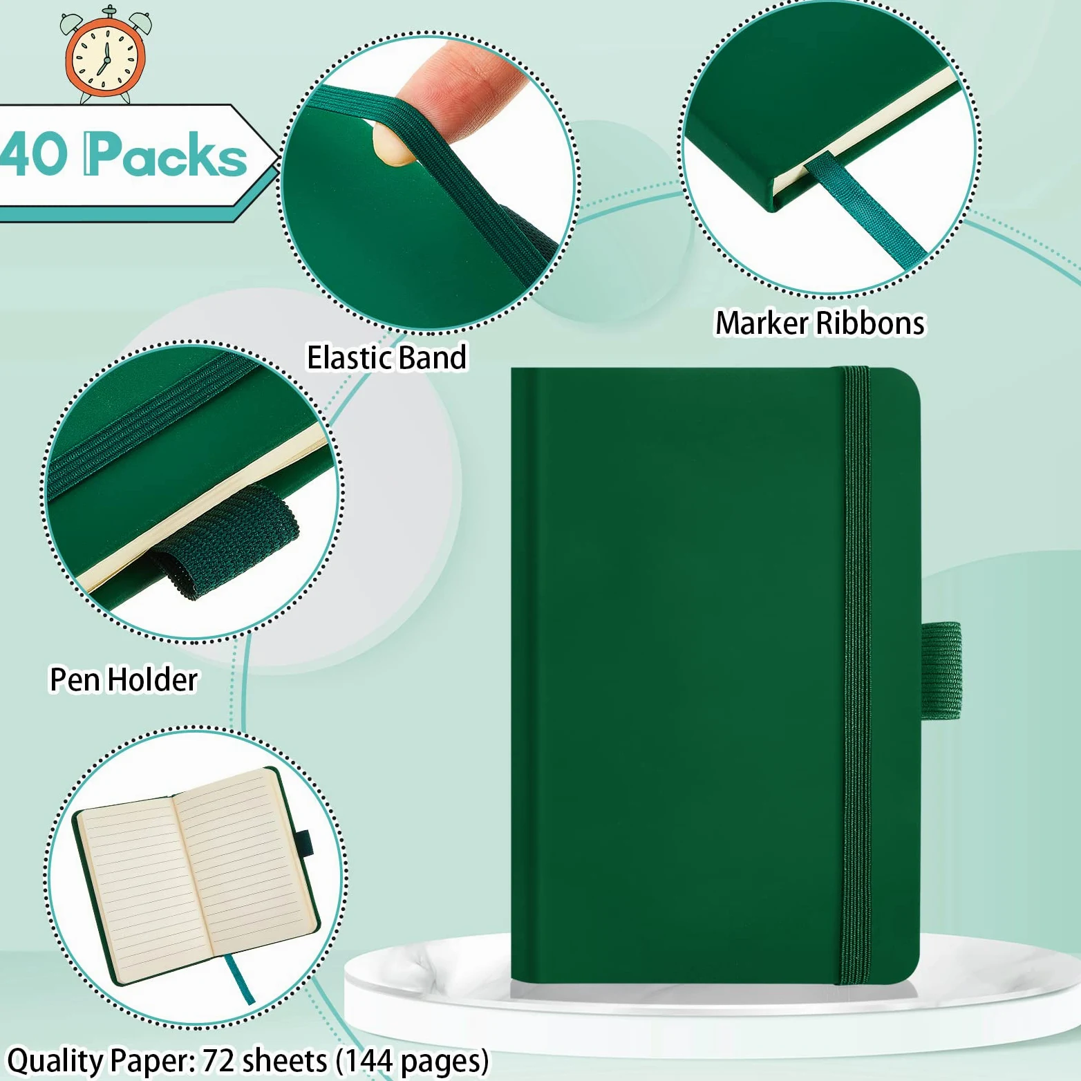 40 quaderni piccoli formato A6 tascabile, 3,5 x 12,5 cm, piccolo quaderno in pelle a righe, con fascia elastica portapenne, nastro per diario scolastico, ufficio (verde)