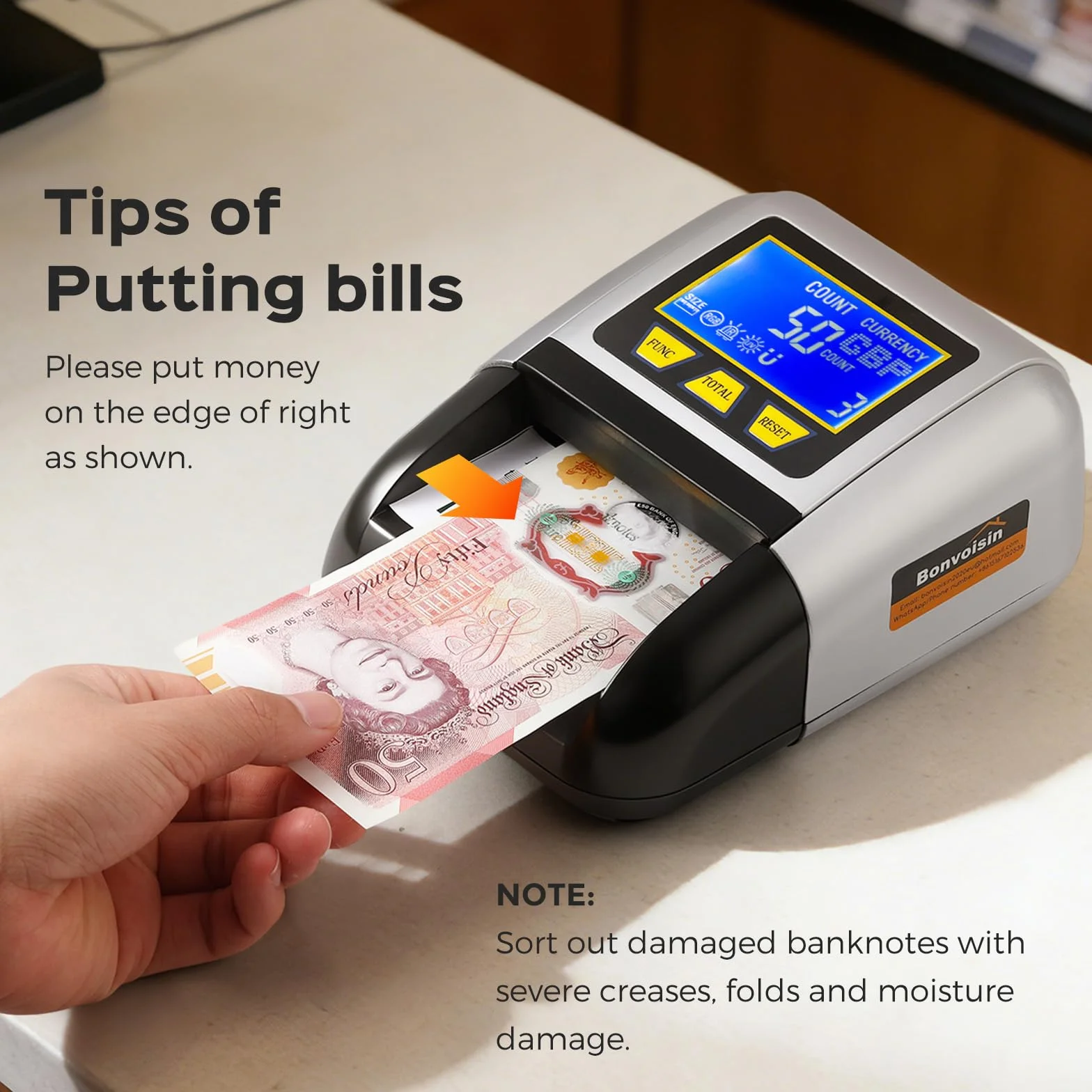 Bonvoisin Verificatore di Banconote, Rilevatore Falsi con UV/IR/MG, Portatile Testare con Funzione Valore Totale, Batteria Ricaricabile, 4 Orientamenti, Compatibile EUR/USD/GBP Ecc., Schermo LCD (A)