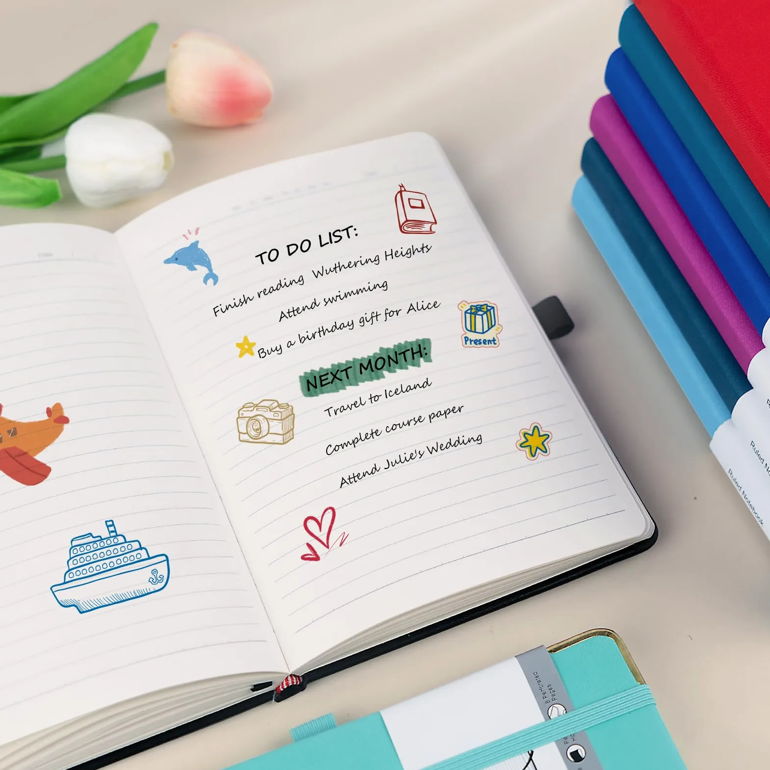 ONAVIA Taccuino a Righe A5 Copertina Rigida, 160 Pagine, Set 8 Colori | 14 x 21 cm, 100 g/m², Classico Quaderno Appunti di Linea, Tasca Interna, Chiusura ad Elastico, Portapenne