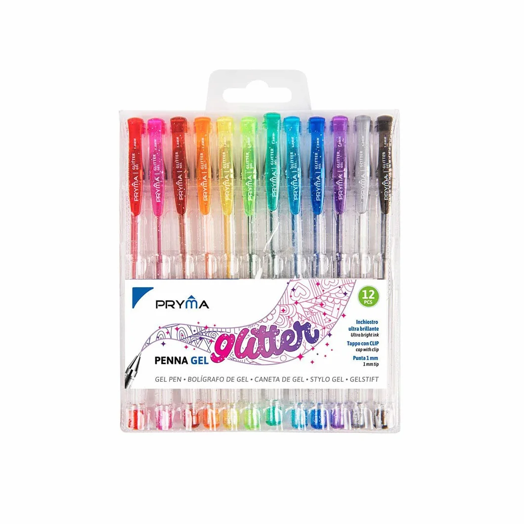Pryma 12 Penne Gel Glitter Punta 1mm - 12 colori vivaci
