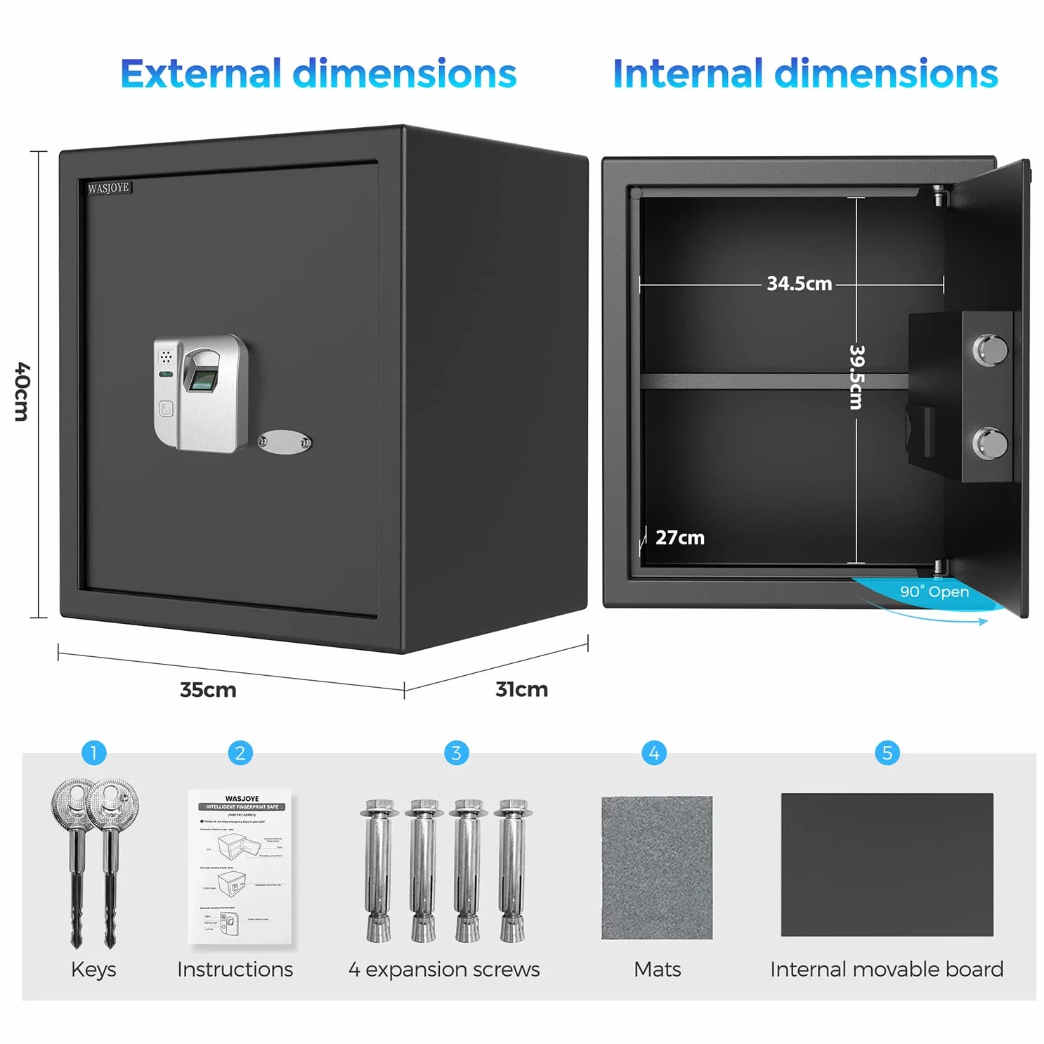 WASJOYE Cassaforte per Impronte Digitali, Cassaforte Biometrica con Chiave, Cassaforte Elettronica Automatica con Identificazione delle Dita, Cassetta di Sicurezza per Casa Hotel Ufficio, 38.08L