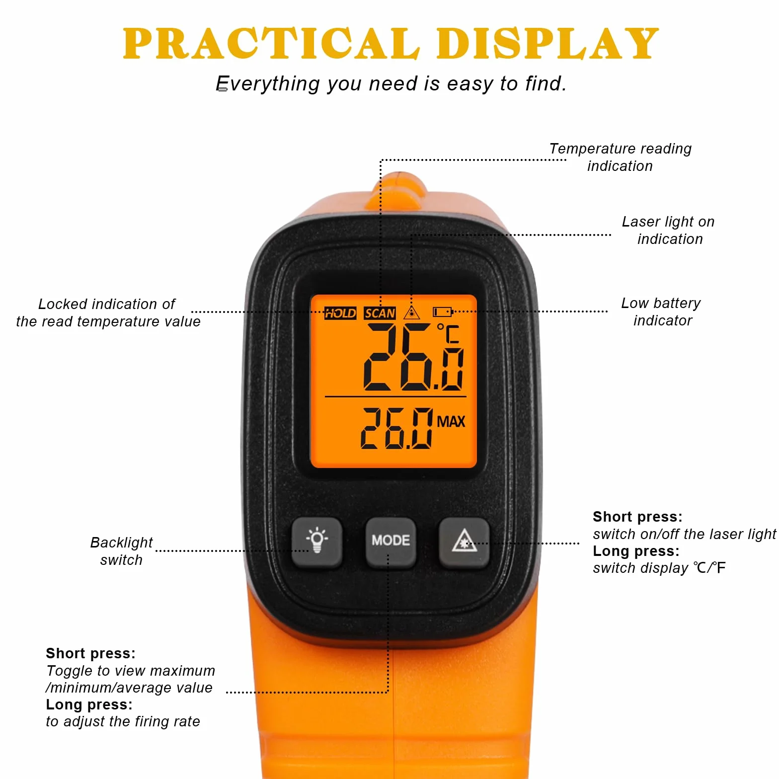 Termometro Laser Infrarossi -50°C -550°C Display LCD Regolabile per Cucina Forno Pizza