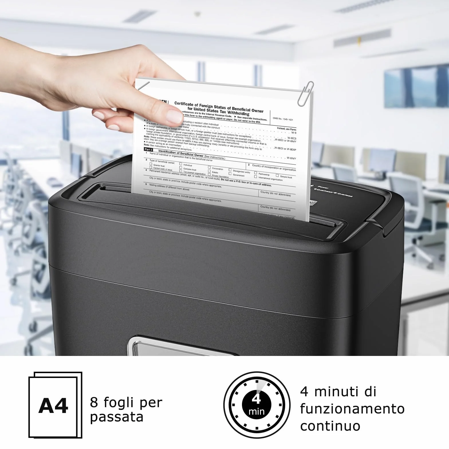 Bonsaii Distruggi Documenti 8 Fogli, Tritacarte per Casa e Ufficio, Livello di Sicurezza P-4, Taglio a Croce 5×14mm, Carte di Credito, Graffette, Protezione Surriscaldamento, Cestino 16L, C261-C