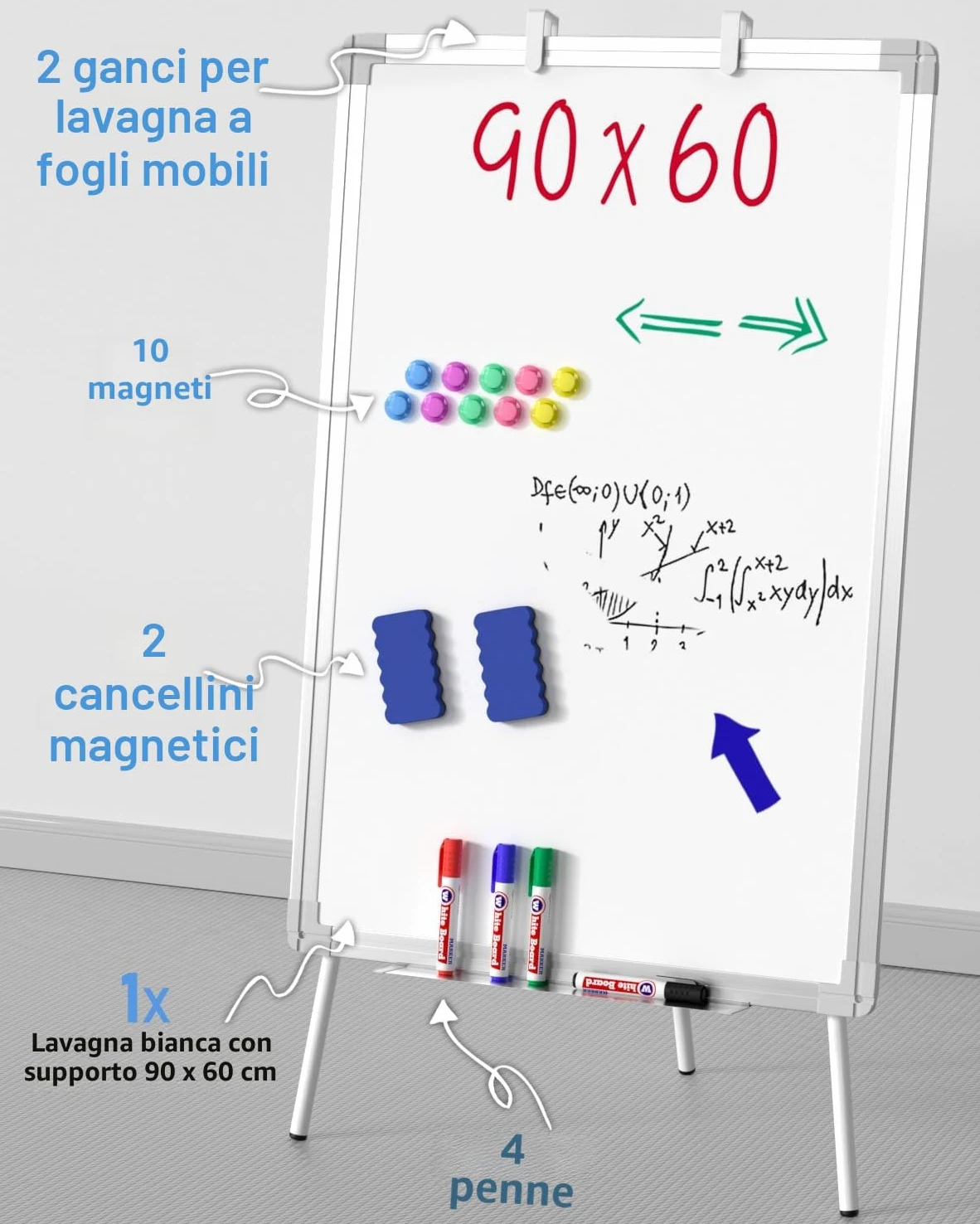 Nicpro Lavagna bianca con supporto, 90 x 60 cm, lavagna magnetica cancellabile a secco, con 4 penne, gomma, magnete, lavagna a fogli mobili, cavalletto portatile regolabile in altezza, per studenti