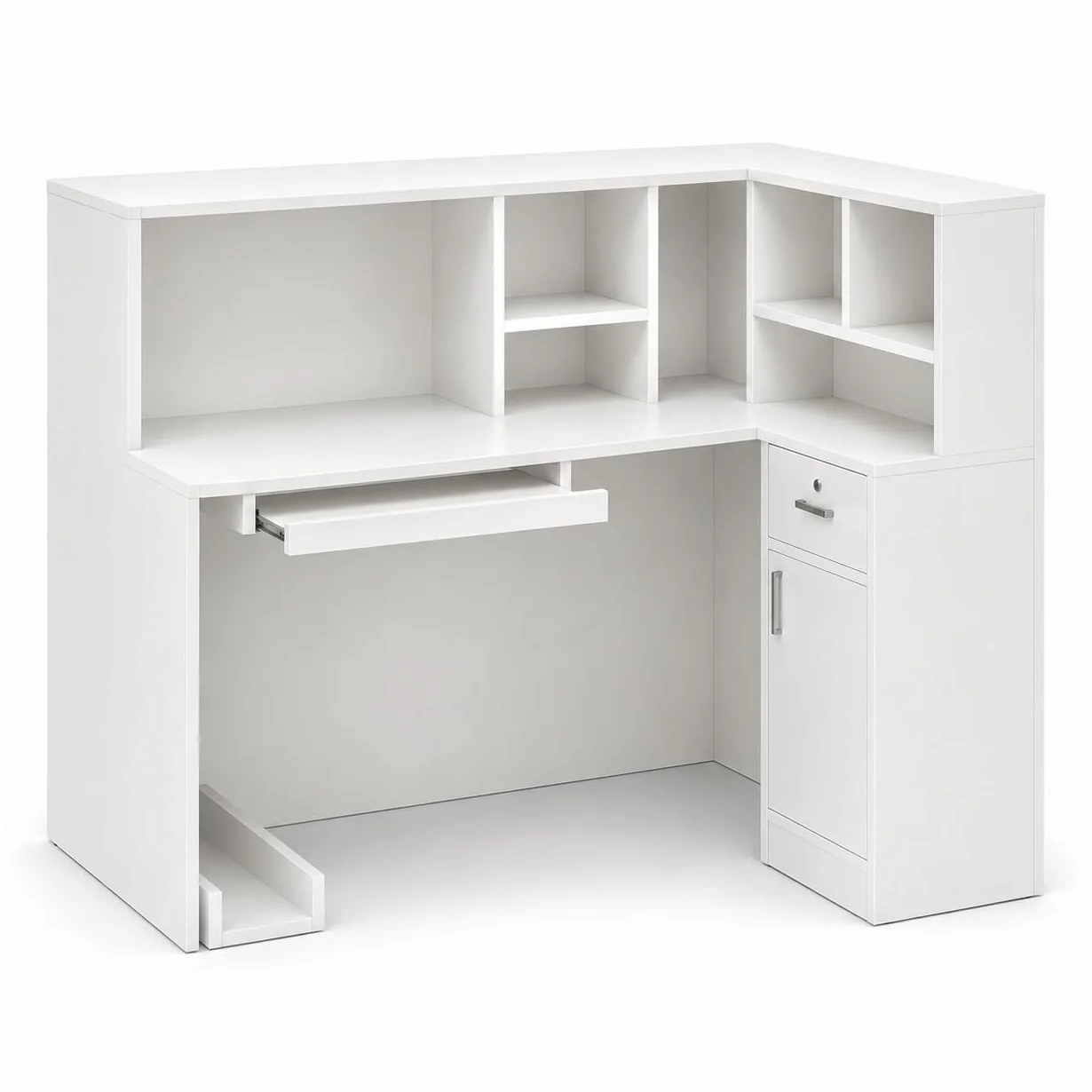 Banco reception, scaffalatura rimovibile, banco reception con 1 cassetto e 1 armadio,banchi di ricezione in MDF, 140 x 80 x 120 cm, bianco