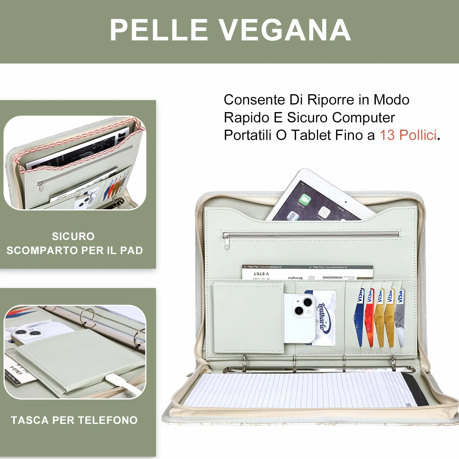 Leathario Cartella Portadocumenti A4 con 10 Fogli Trasparenti, 3 Blocchi per Scrivere, Raccoglitore ad Anelli, Faldoni con Zip