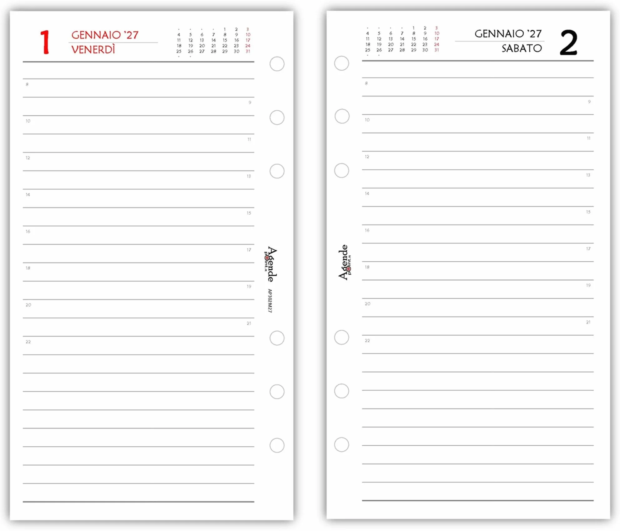 Agenda 2027 Organizer Giornaliera a Righe 9,5x17 cm 6 Fori Carta Bianca 80gr Bianco e Rosso