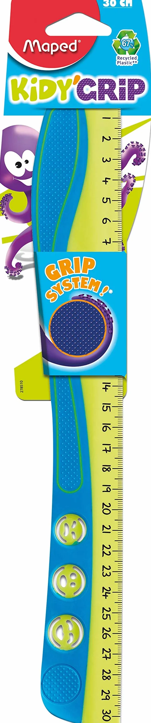 Maped KIDY'GRIP - Righello in plastica Riciclata con Gommini Antiscivolo, 30 cm, Colore: Turchese/Verde/Rosa/Arancione/Blu/Rosso