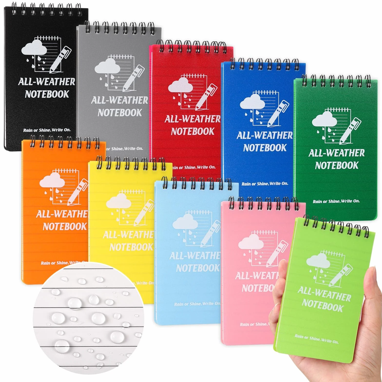Confezione da 10 quaderni tascabili impermeabili da 7,6 x 12,7 cm, a spirale, resistenti alle intemperie, con 100 pagine a righe, per registrazione all'aperto e in ufficio