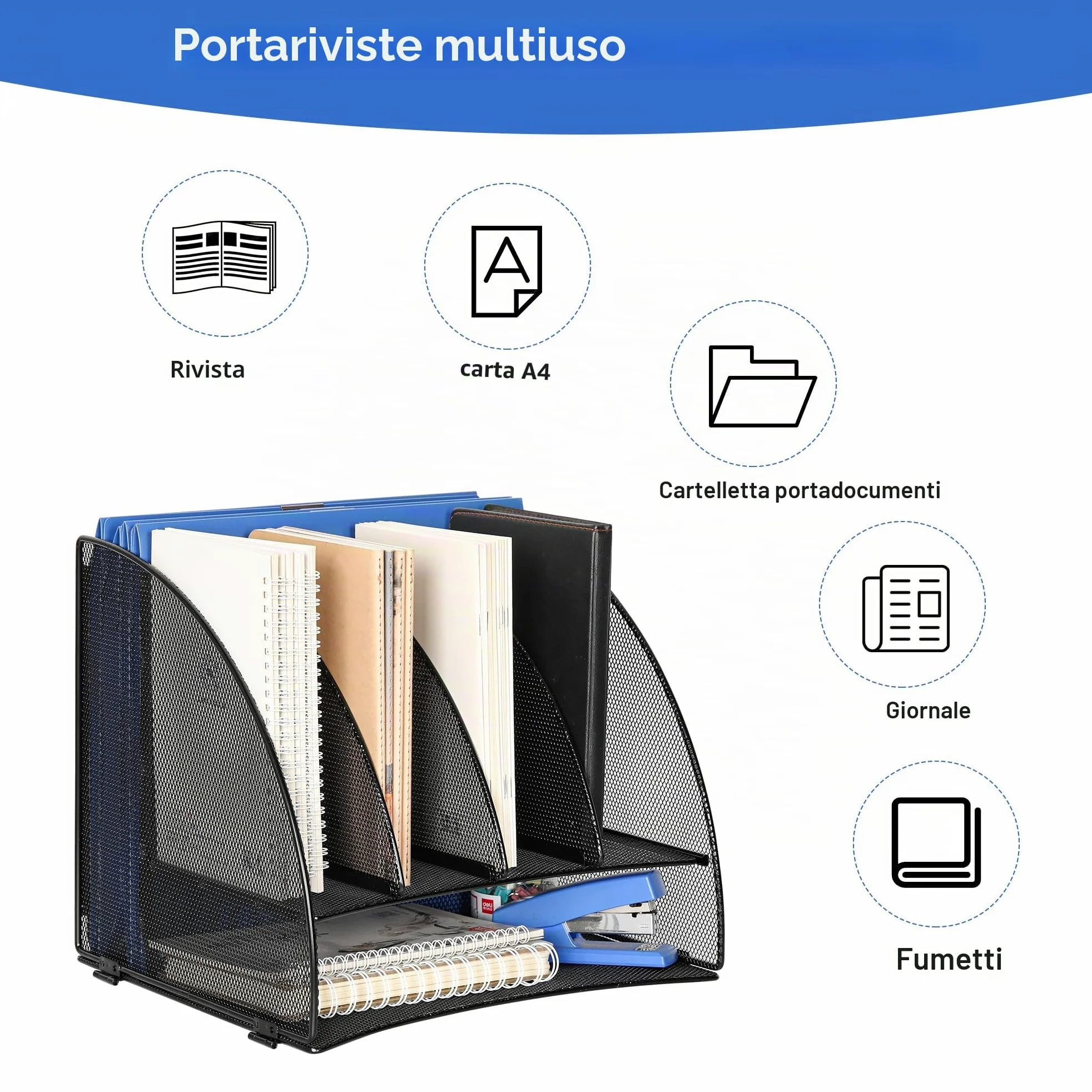 TQVAI Organizer Scrivania, Metallo 6 scomparti Portadocumenti da Scrivania, Portariviste Organizer Documenti A4 per Scuola, Casa, Ufficio Cancelleria, Nero